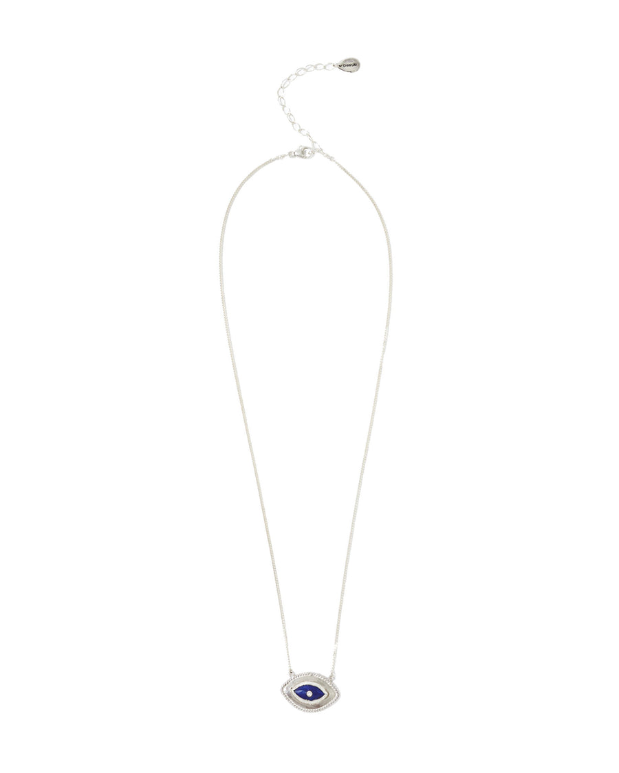 Bezel Stone Evil Eye Diamond Necklace Sterling Silver, Lapis