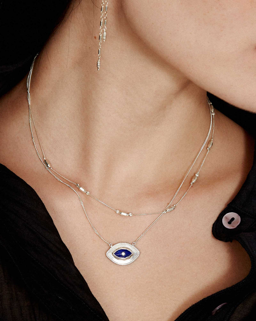 Bezel Stone Evil Eye Diamond Necklace Sterling Silver, Lapis