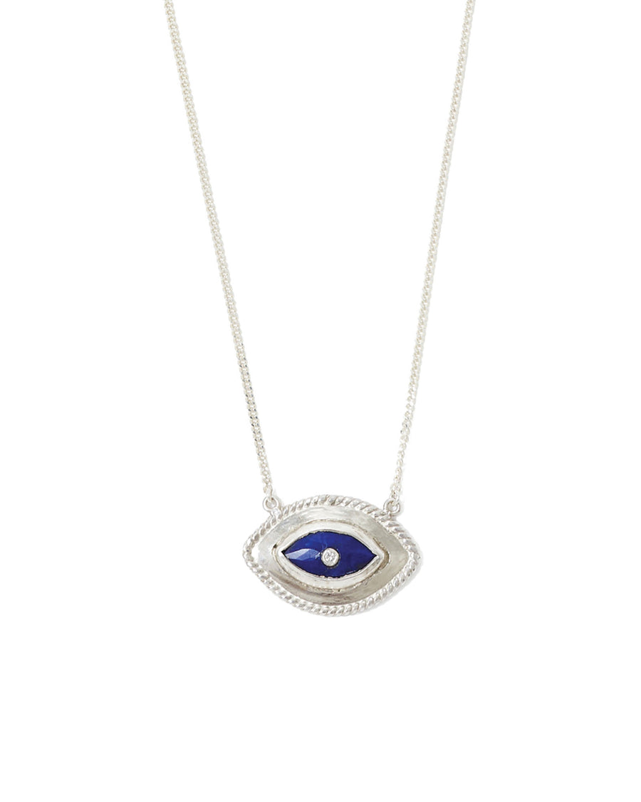 Bezel Stone Evil Eye Diamond Necklace Sterling Silver, Lapis