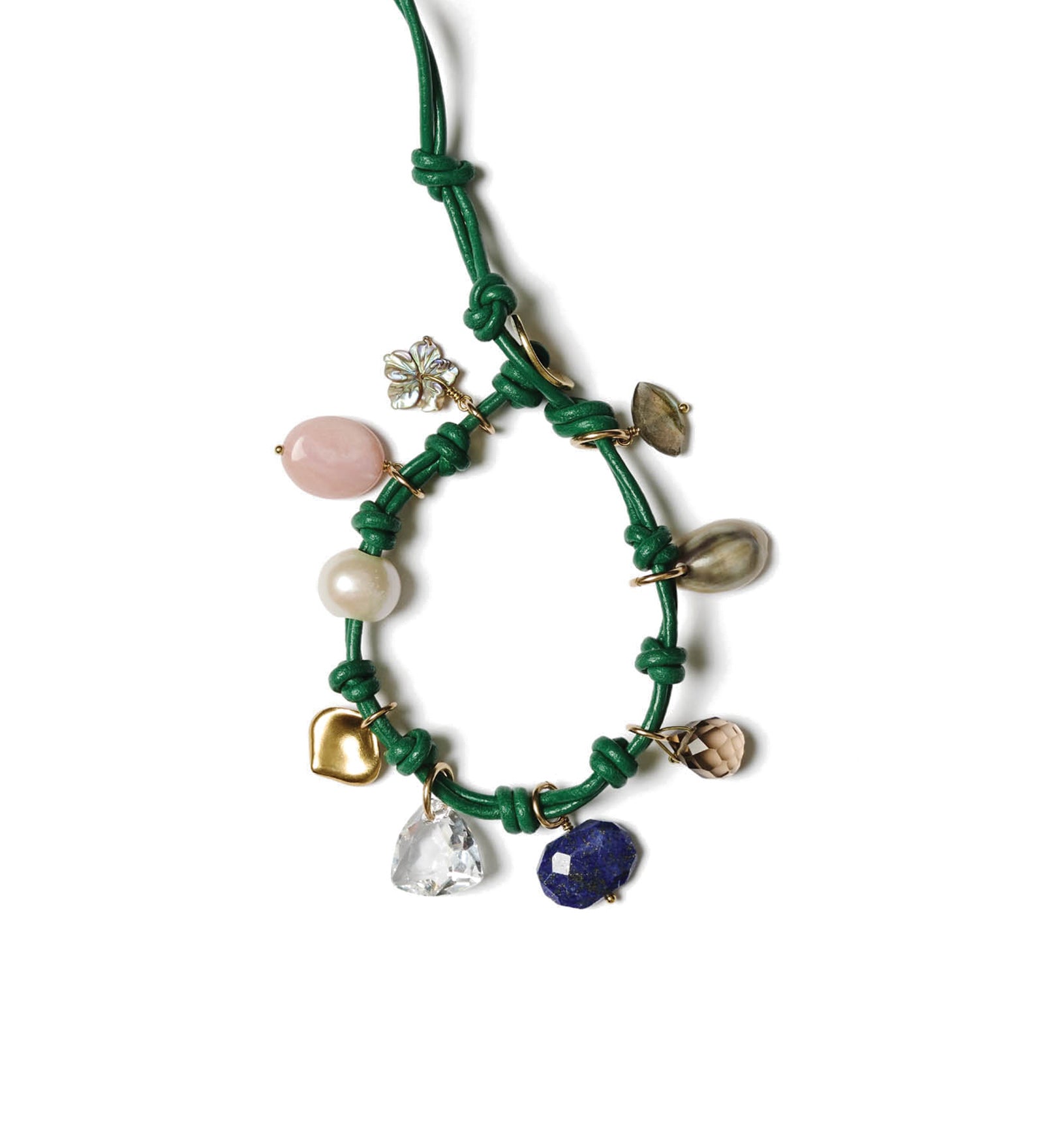 Leather Charm Bracelet | Green Mix 18k Gold Vermeil, Lapis, Pink Opal, Crystal