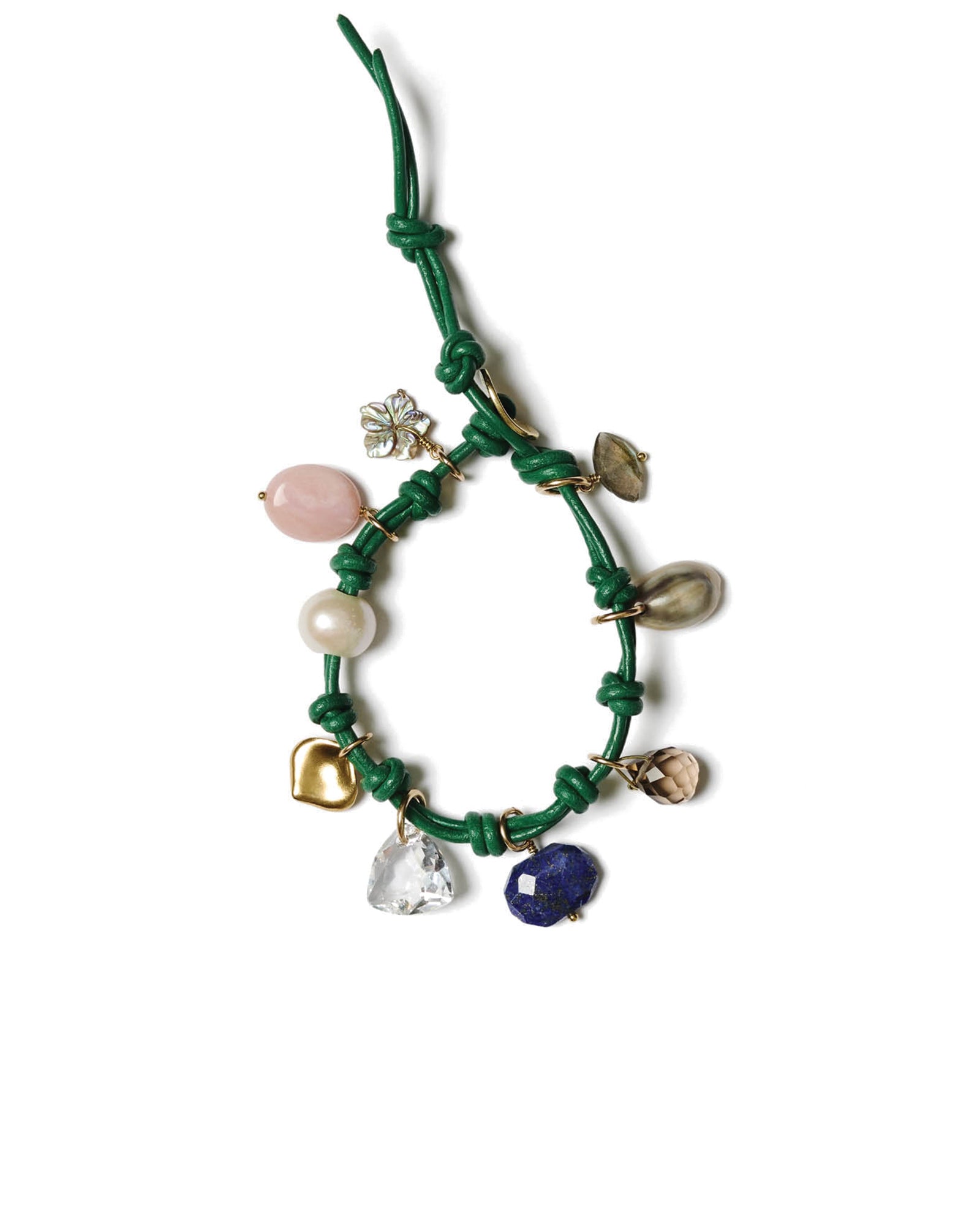 Leather Charm Bracelet | Green Mix 18k Gold Vermeil, Lapis, Pink Opal, Crystal