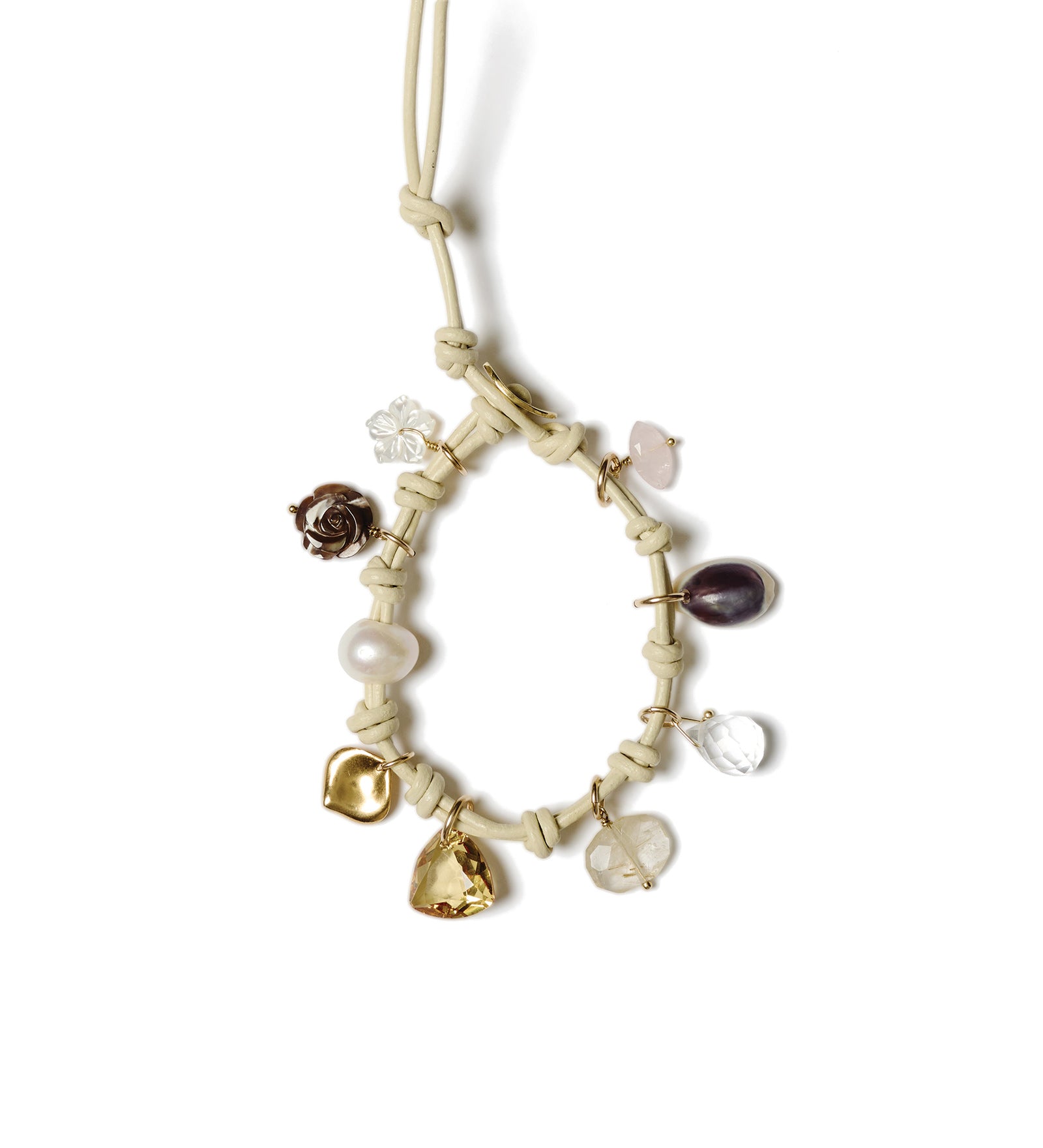 Leather Charm Bracelet | Natural Mix 18k Gold Vermeil, Mother of Pearl, Rose Quartz