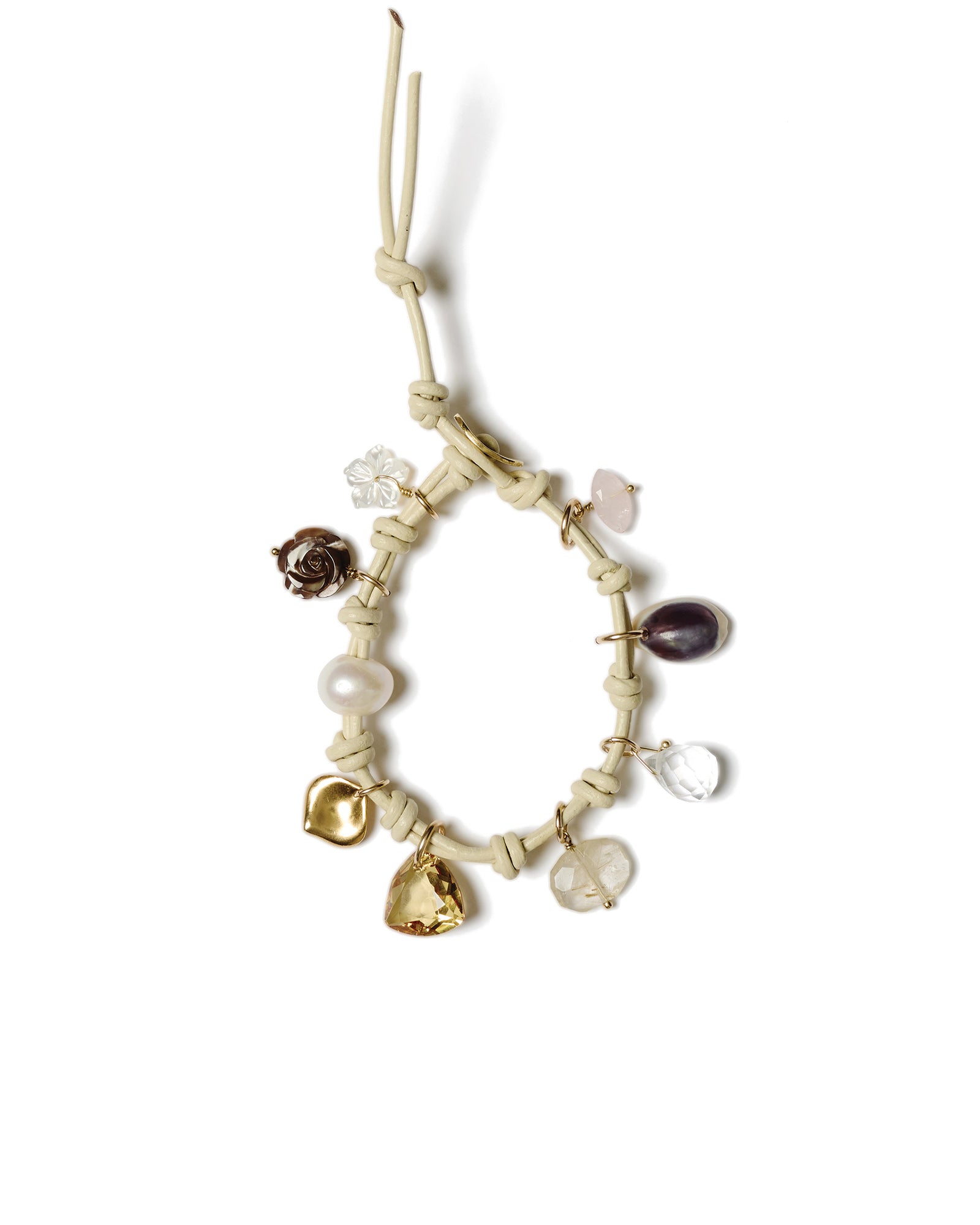 Leather Charm Bracelet | Natural Mix 18k Gold Vermeil, Mother of Pearl, Rose Quartz