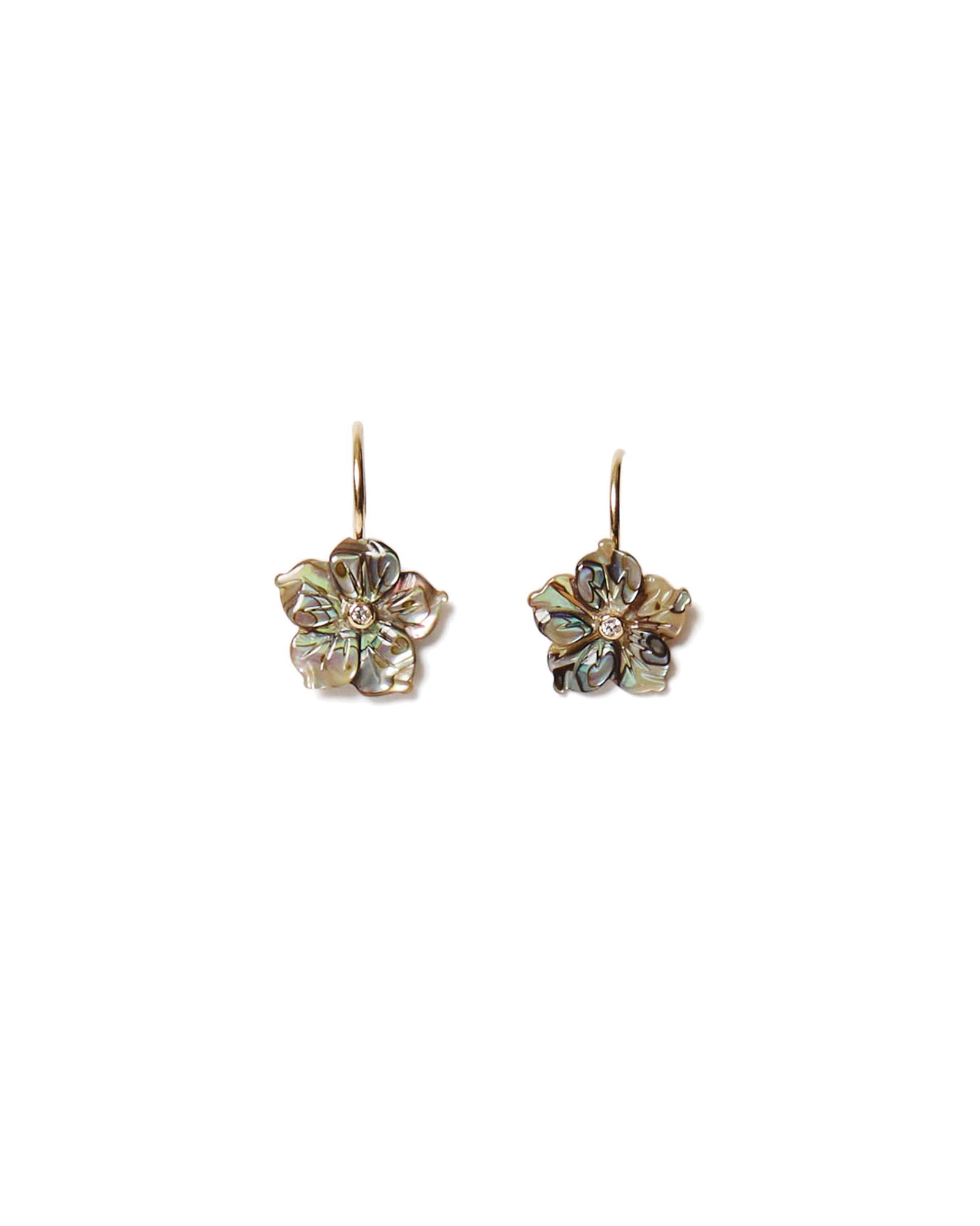 Plumeria Earrings 14k Yellow Gold, Abalone, Diamond