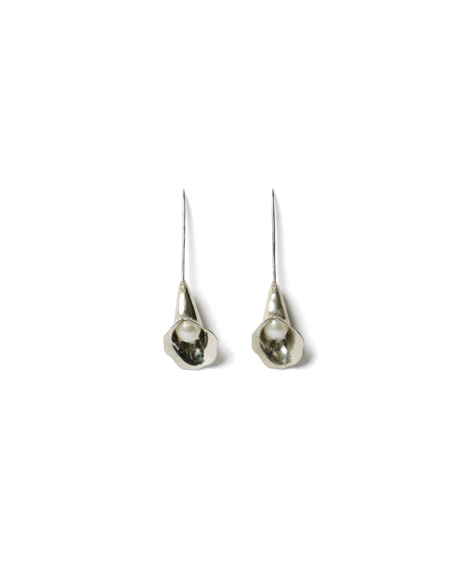 Calla Lilly Drop Earrings Sterling Silver, White Pearl