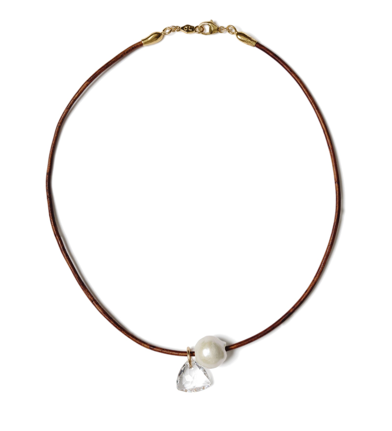 Na Pali Leather Necklace | Brown Mix 18k Gold Vermeil, White Pearl, Clear Crystal