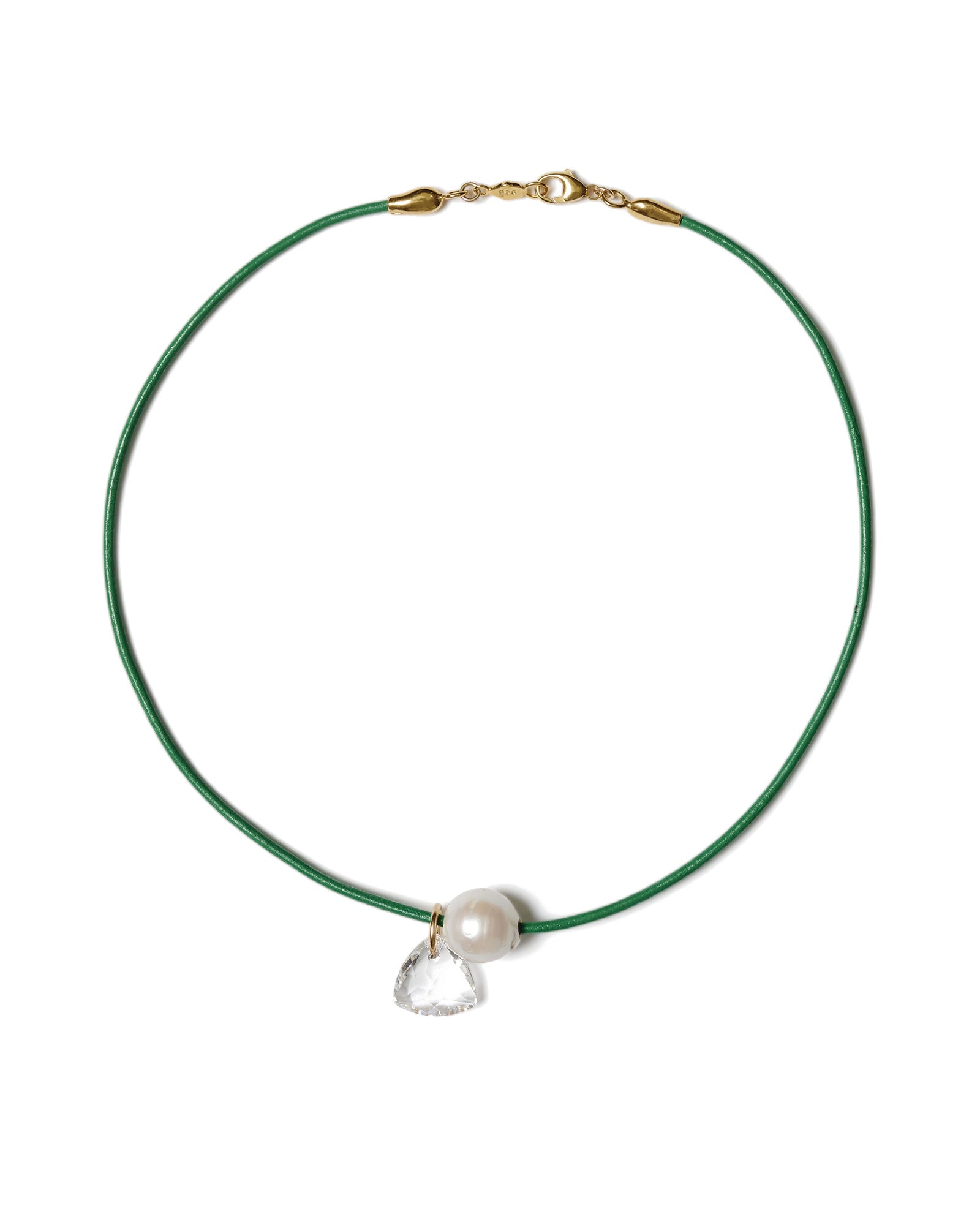 Na Pali Leather Necklace | Green Mix 18k Gold Vermeil, White Pearl, Clear Crystal