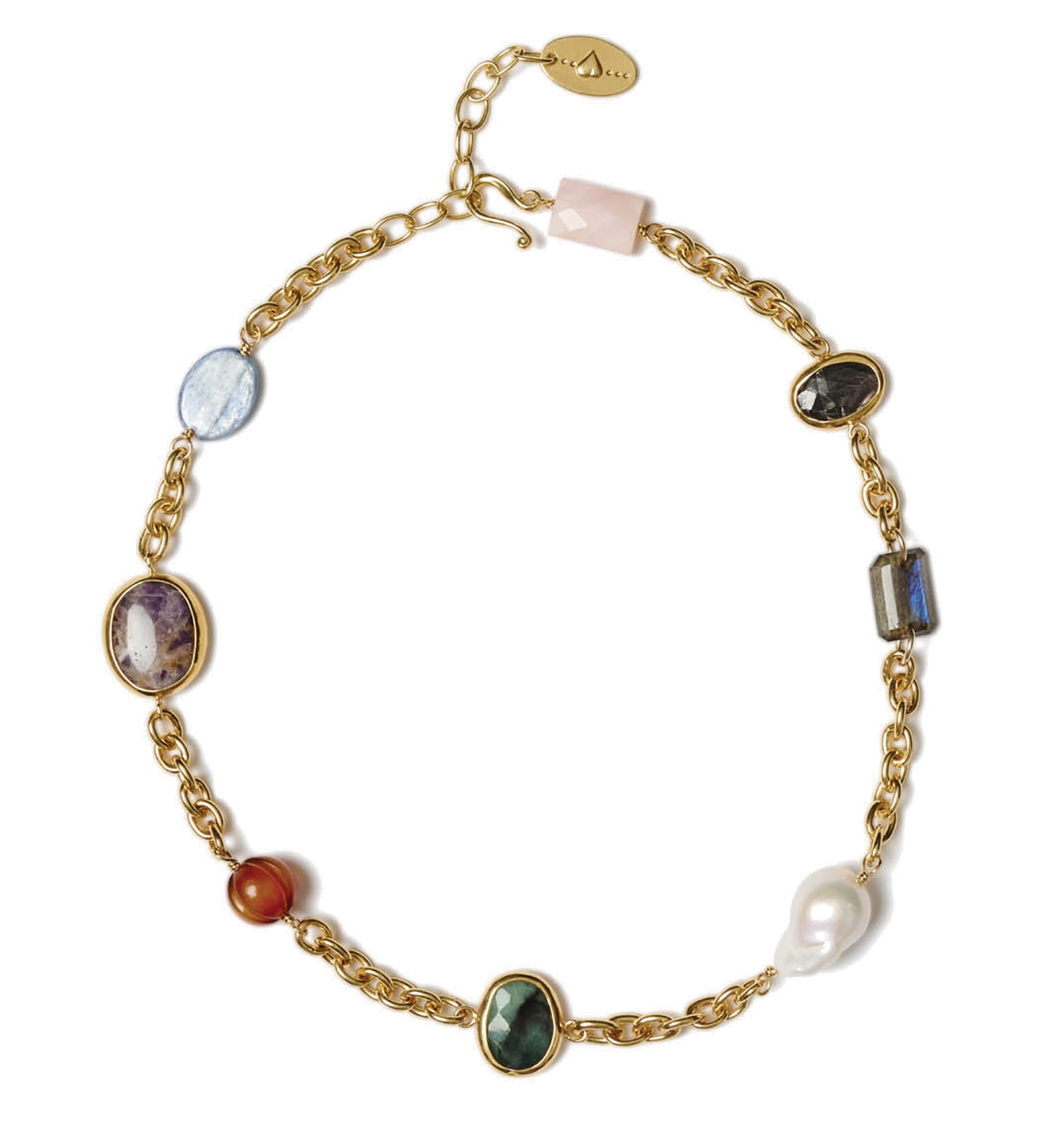 Station Mixed Stone Necklace 18k Gold Plated, Multi Mix