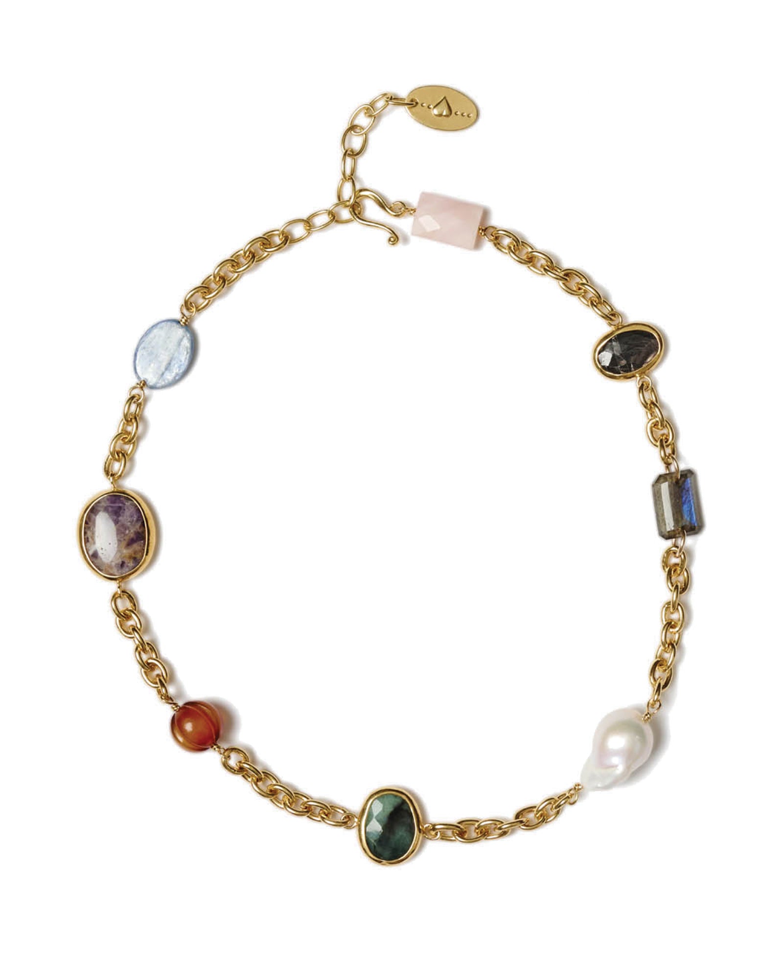 Station Mixed Stone Necklace 18k Gold Plated, Multi Mix