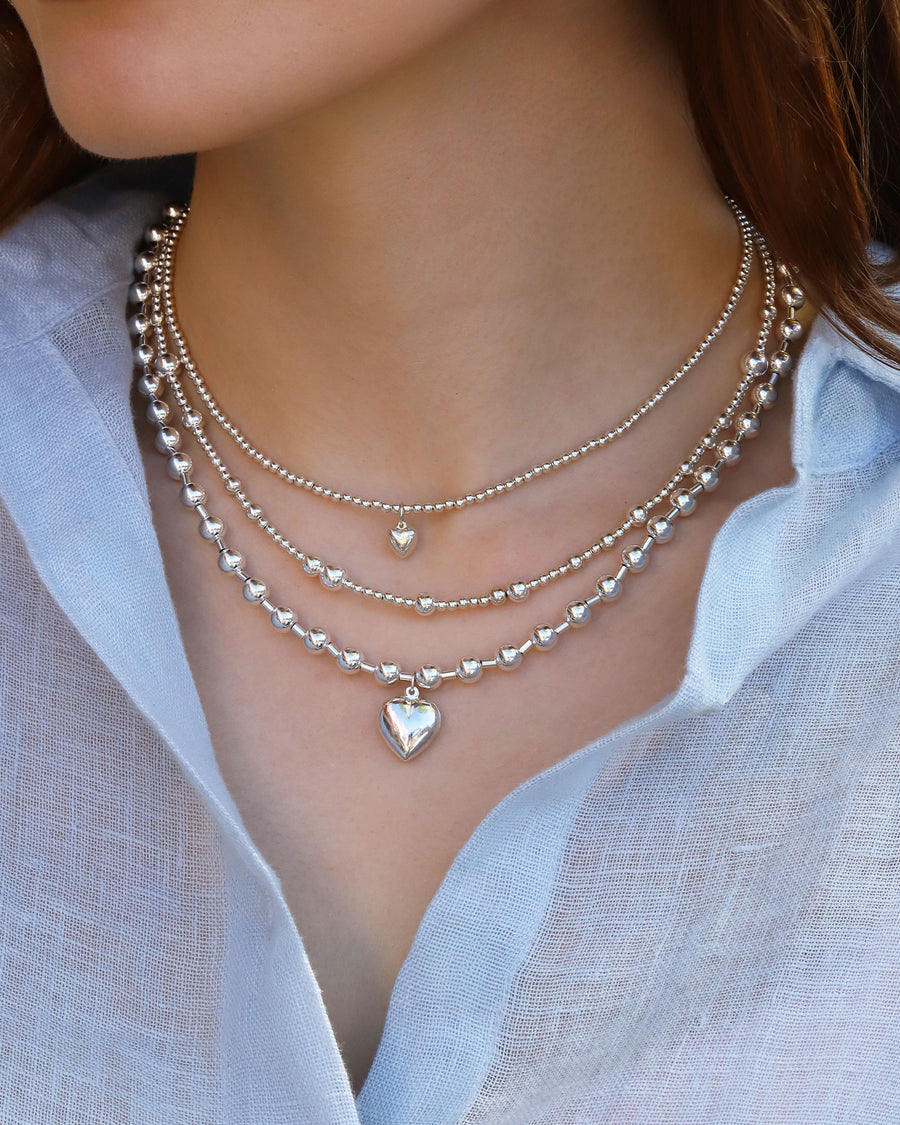 Puffy Heart Ball Chain Necklace | 6mm Sterling Silver