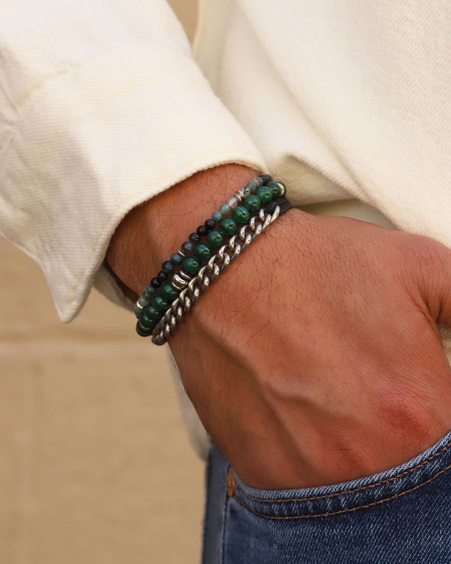 Round Mixed Stone Bracelet Sterling Silver, Moss Agate