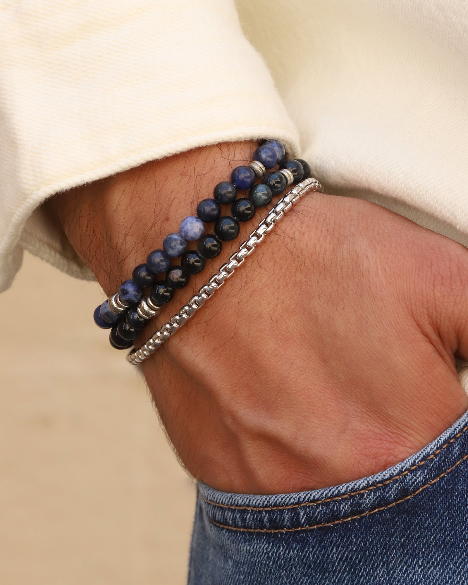 Round Mixed Stone Bracelet Sterling Silver, Blue Tigers Eye