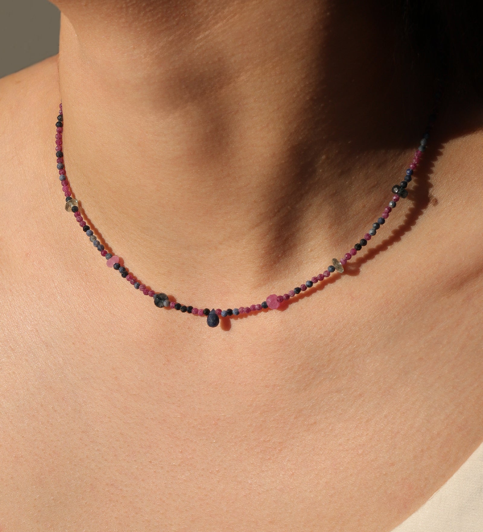 Gem Jar-Ruby Sapphire Biolette Mixed Stone Necklace | 2.5mm-Necklaces-Blue Ruby Jewellery-Vancouver Canada