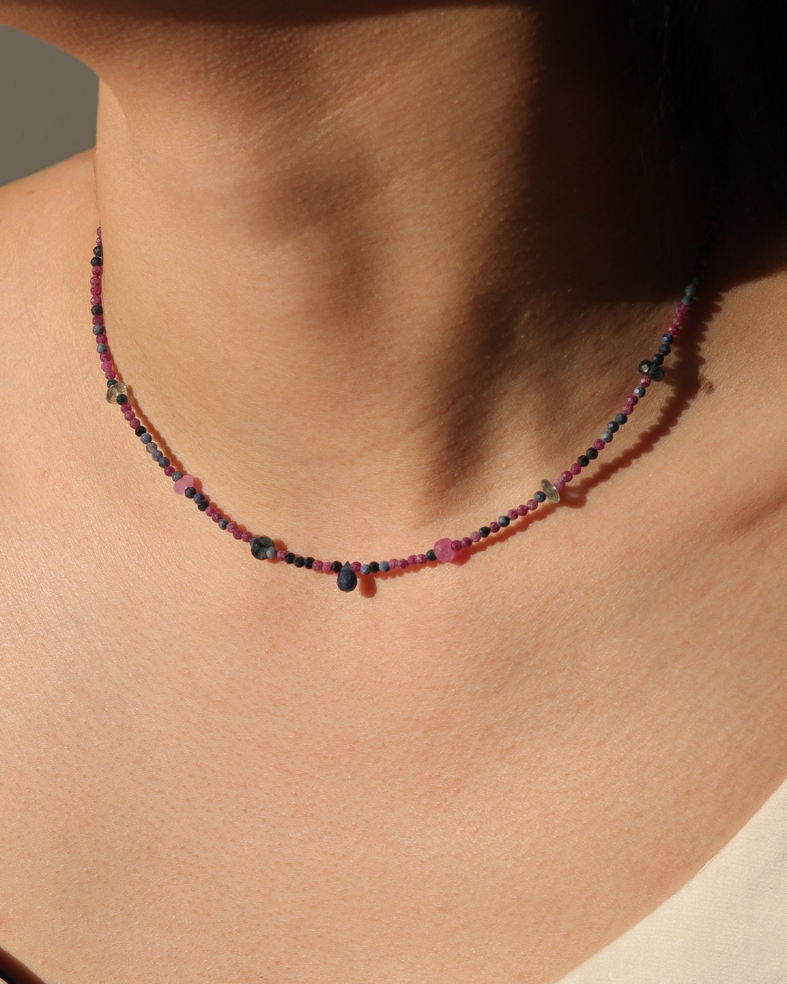 Gem Jar-Ruby Sapphire Biolette Mixed Stone Necklace | 2.5mm-Necklaces-Blue Ruby Jewellery-Vancouver Canada