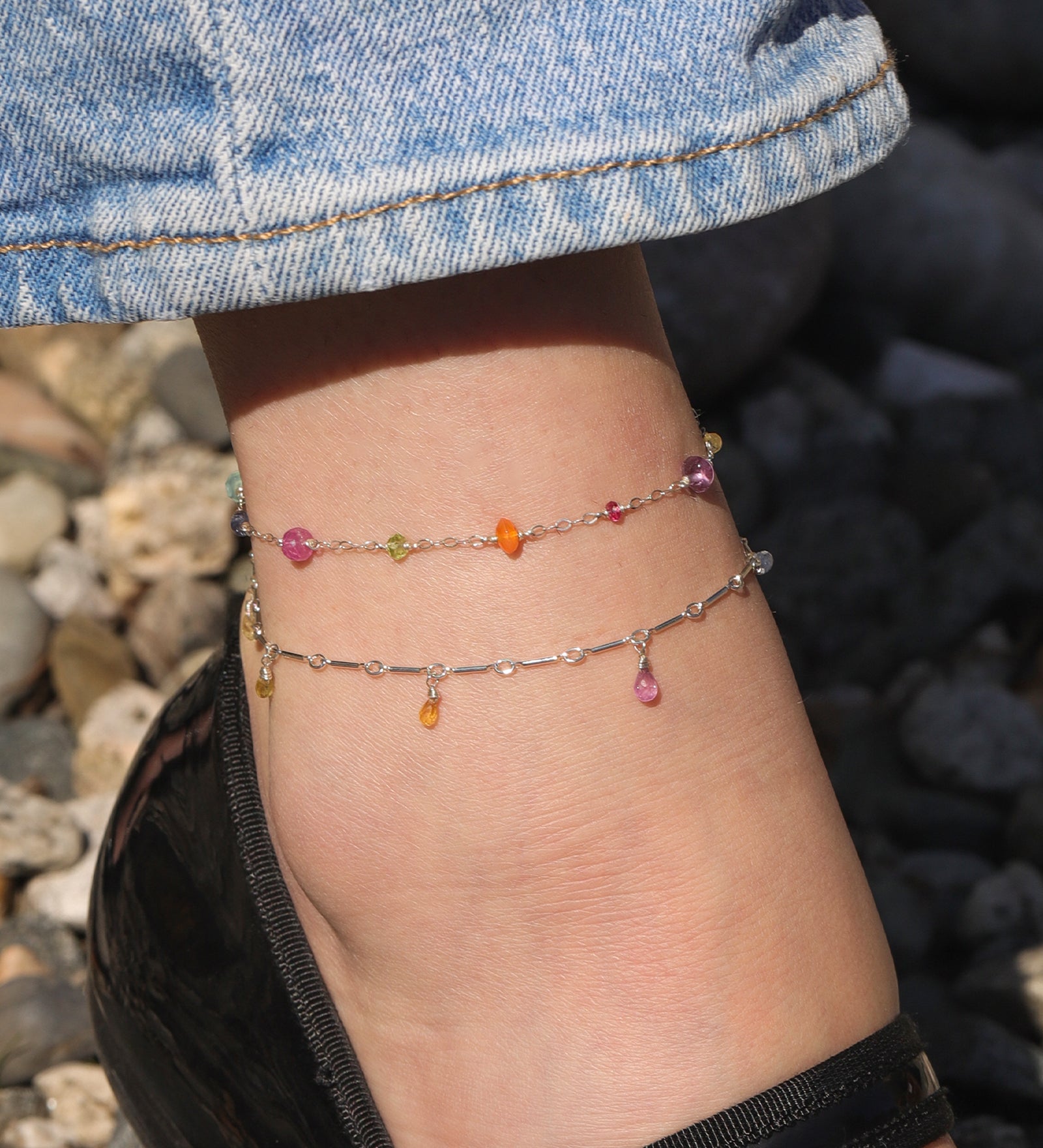 Gem Jar-Mixed Stone Station Anklet-Anklets-Sterling Silver, Multi-Blue Ruby Jewellery-Vancouver Canada