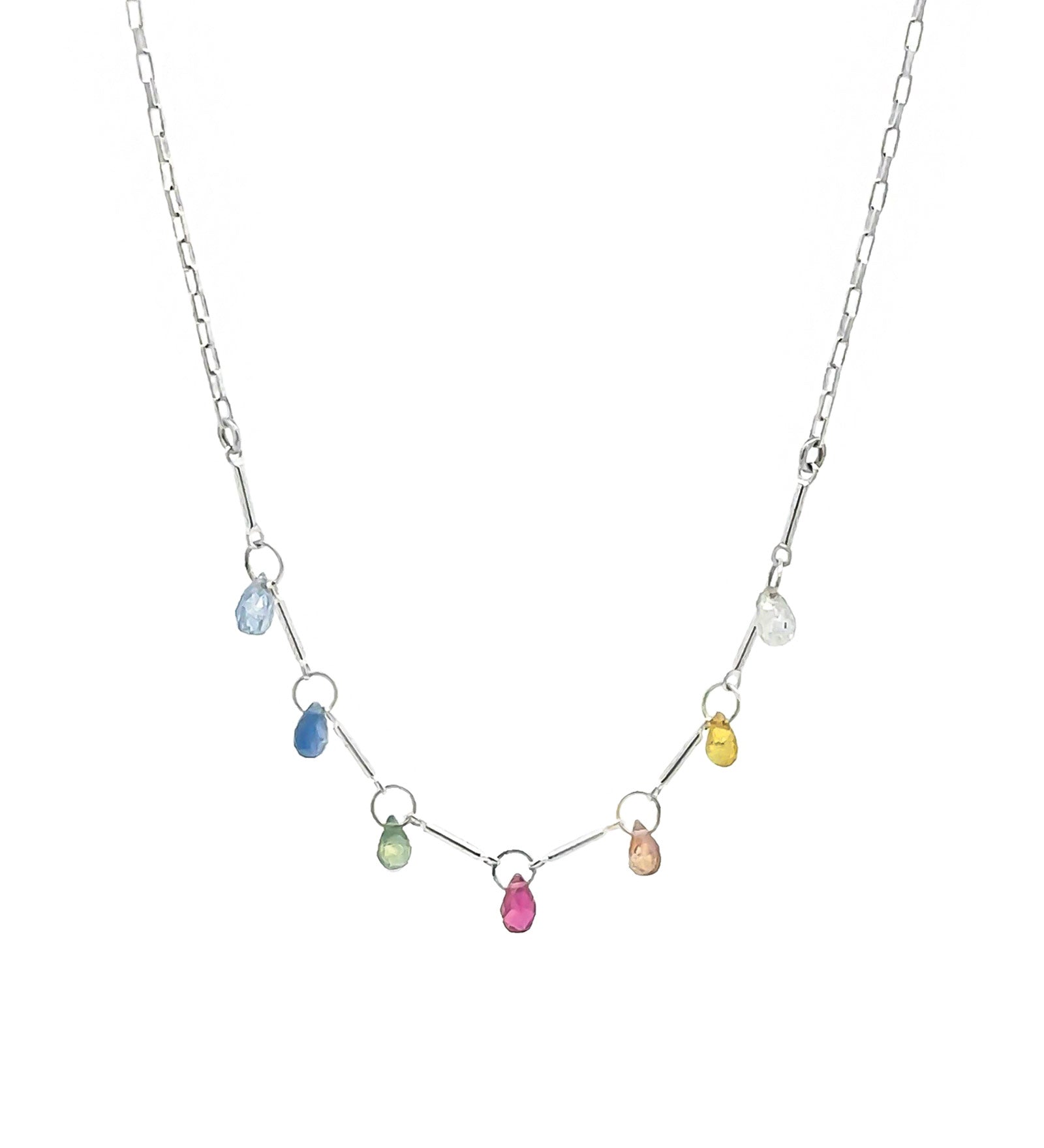 Mixed Teardrop Stone Chain Necklace Sterling Silver, Multi Sapphire