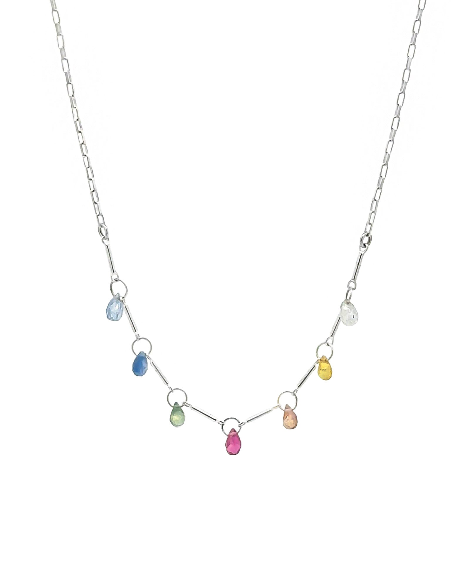 Mixed Teardrop Stone Chain Necklace Sterling Silver, Multi Sapphire