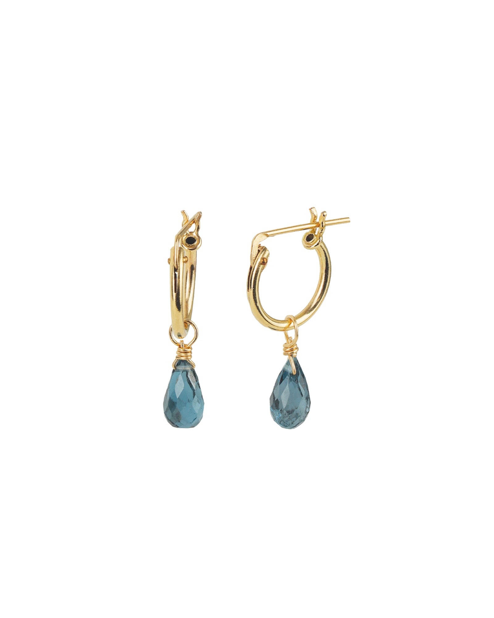 Gem Jar-Floating Teardrop London Blue Topaz Drop Huggies-Earrings-14k Gold Filled, London Blue Topaz-Blue Ruby Jewellery-Vancouver Canada