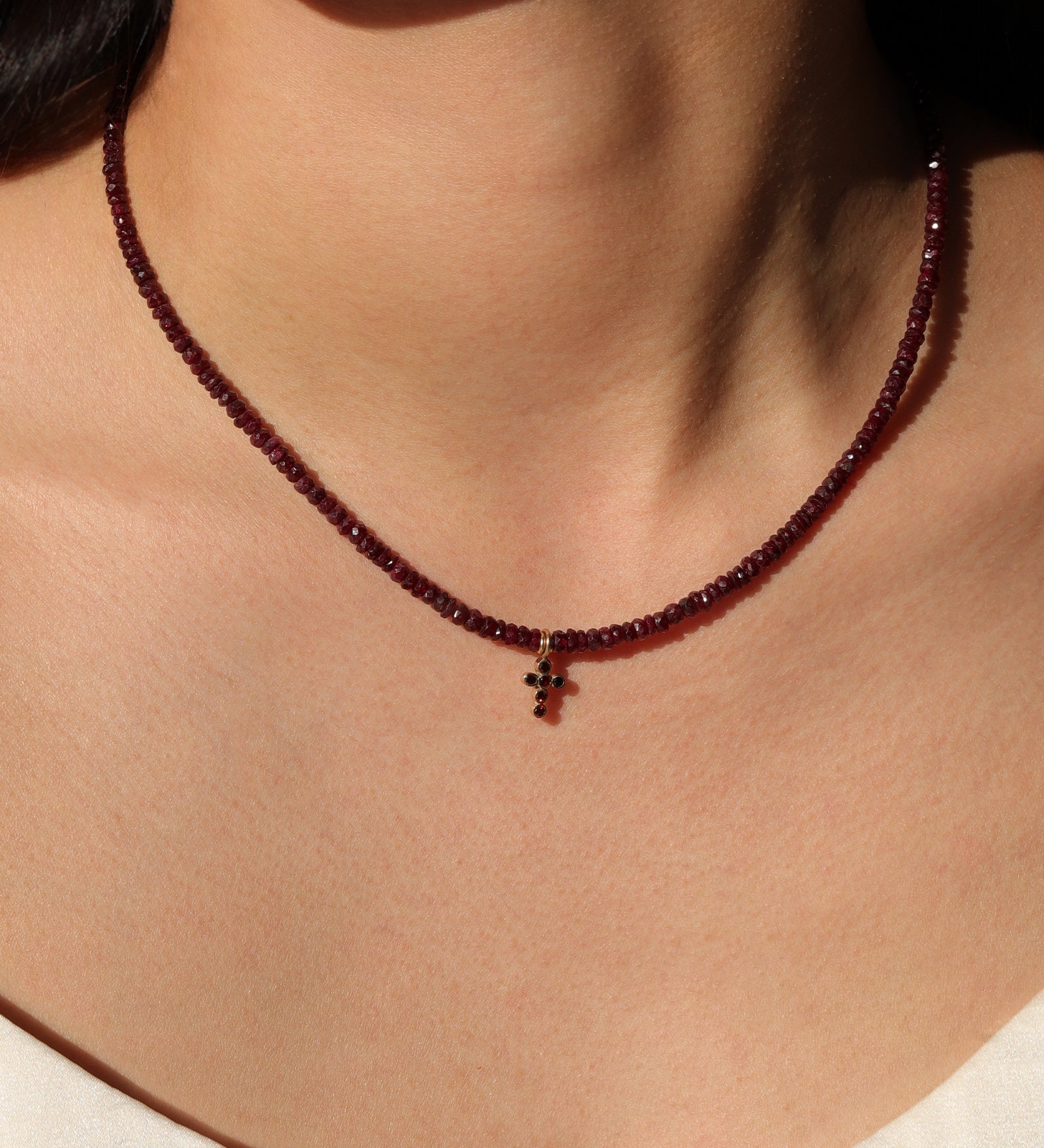 Gem Jar-Gradual Ruby Cross Necklace | 3mm - 5mm-Necklaces-Blue Ruby Jewellery-Vancouver Canada