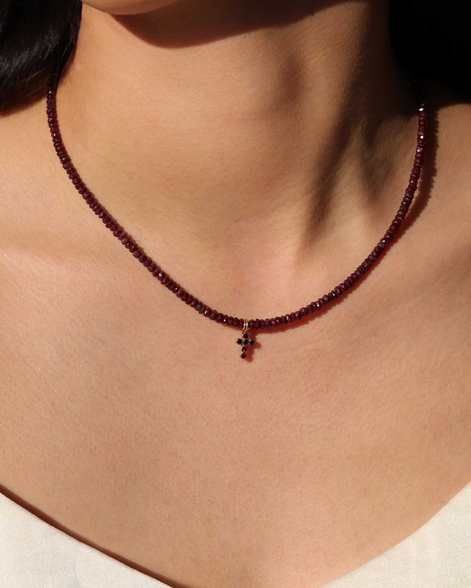 Gem Jar-Gradual Ruby Cross Necklace | 3mm - 5mm-Necklaces-Blue Ruby Jewellery-Vancouver Canada