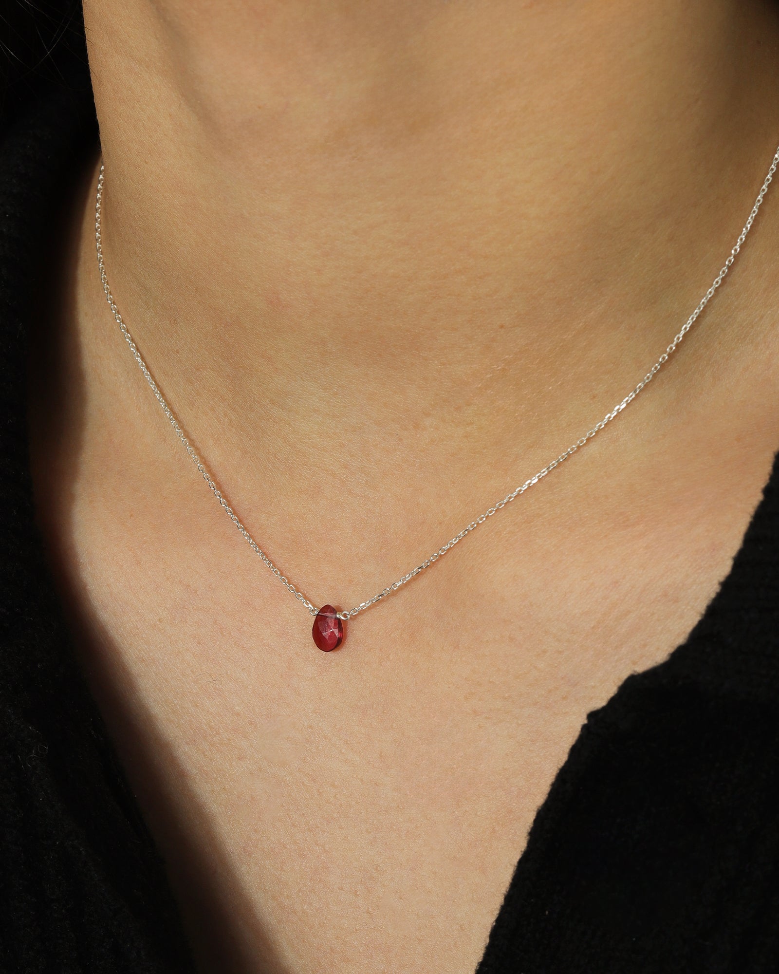 Stoned by Gem Jar-Pear Stone Cable Necklace-Necklaces-Sterling Silver, Garnet-Blue Ruby Jewellery-Vancouver Canada