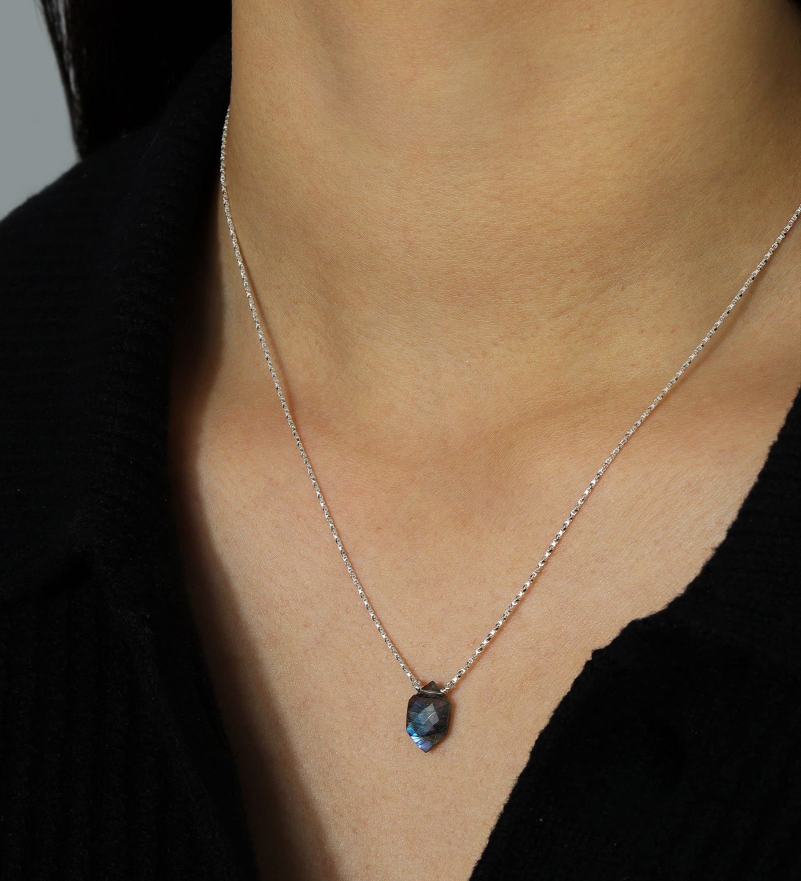 Stoned by Gem Jar-Hexagon Stone Box Chain Necklace-Necklaces-Sterling Silver, Labradorite-Blue Ruby Jewellery-Vancouver Canada