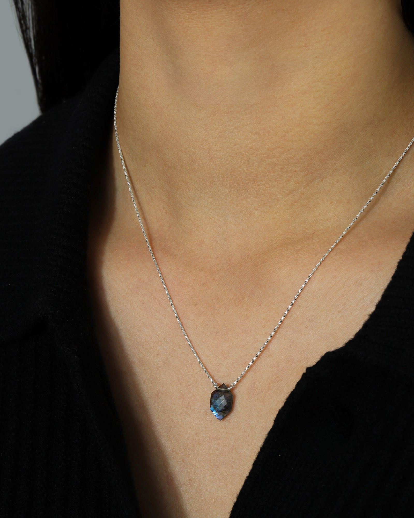 Stoned by Gem Jar-Hexagon Stone Box Chain Necklace-Necklaces-Sterling Silver, Labradorite-Blue Ruby Jewellery-Vancouver Canada