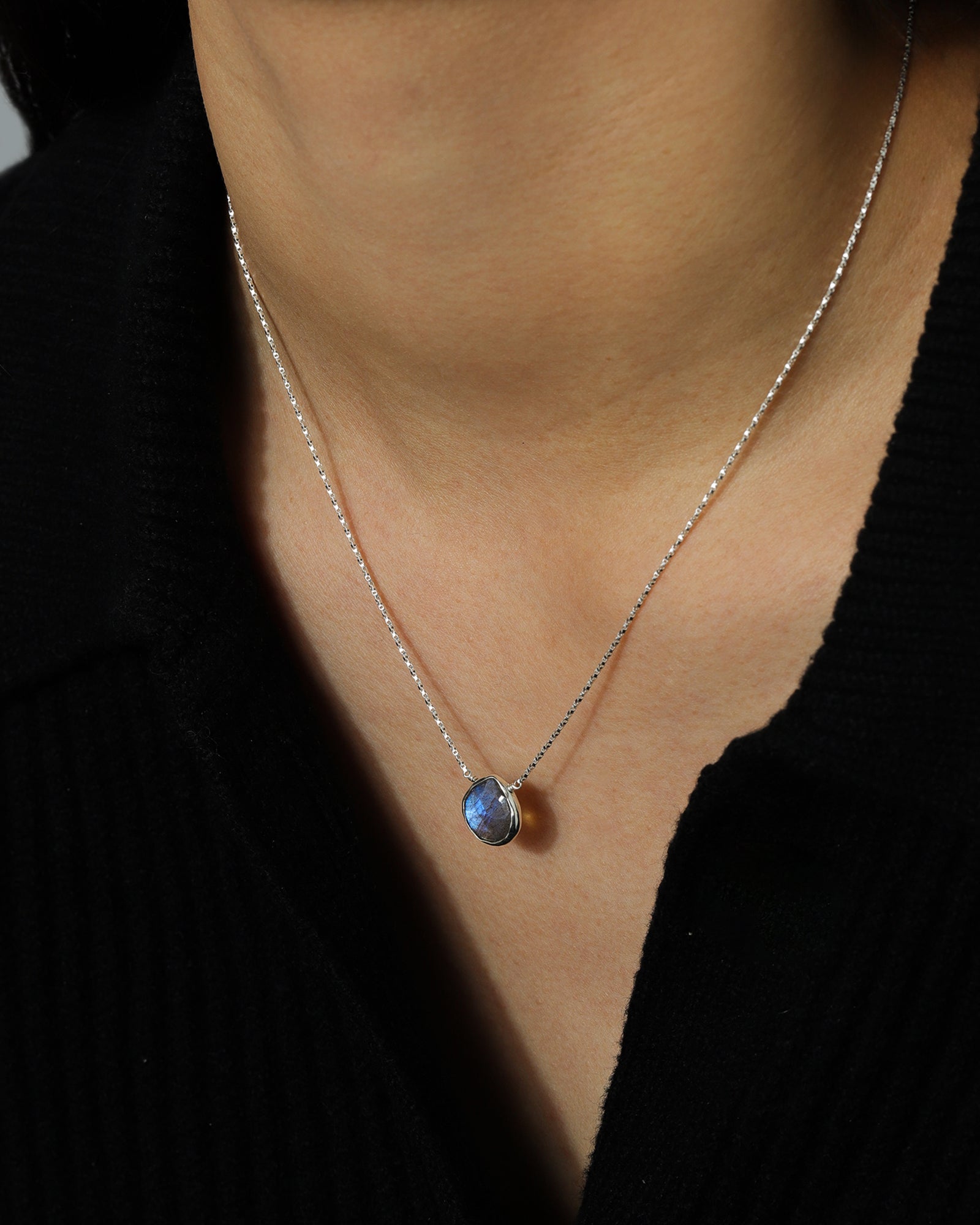 Stoned by Gem Jar-Heart Bezel Stone Box Chain Necklace-Necklaces-Sterling Silver, Labradorite-Blue Ruby Jewellery-Vancouver Canada