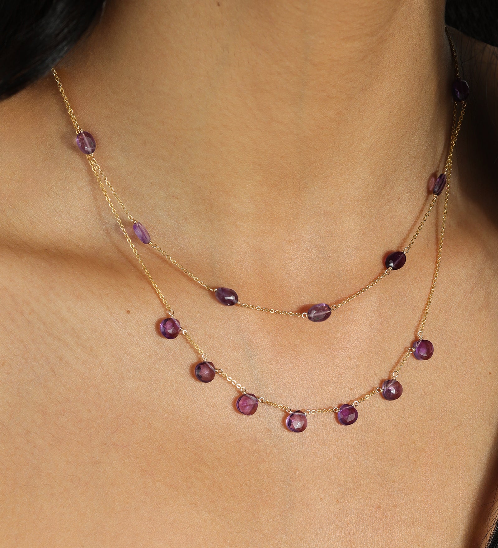 Five Stone Drop Necklace 14k Gold Filled, Amethyst