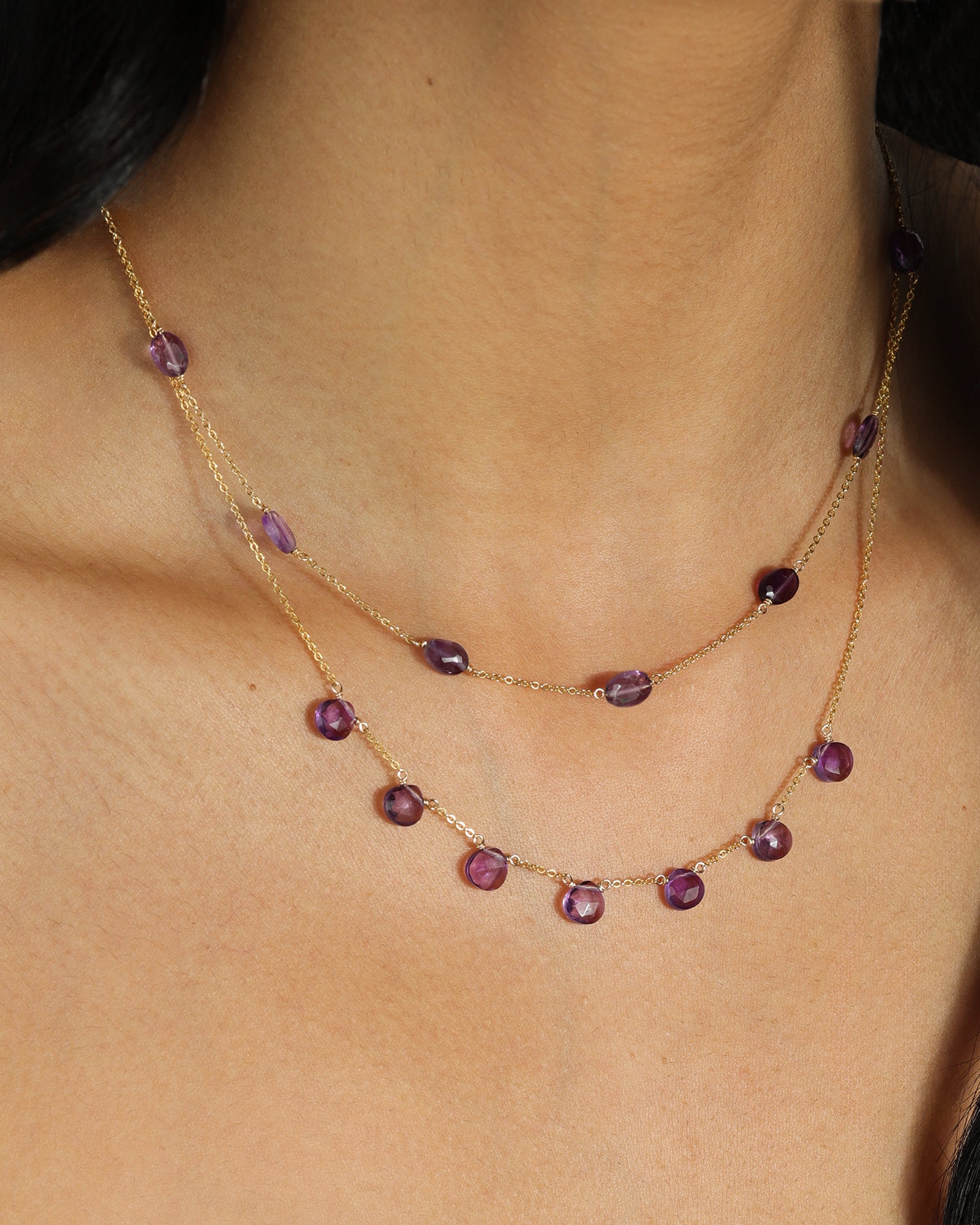 Five Stone Drop Necklace 14k Gold Filled, Amethyst