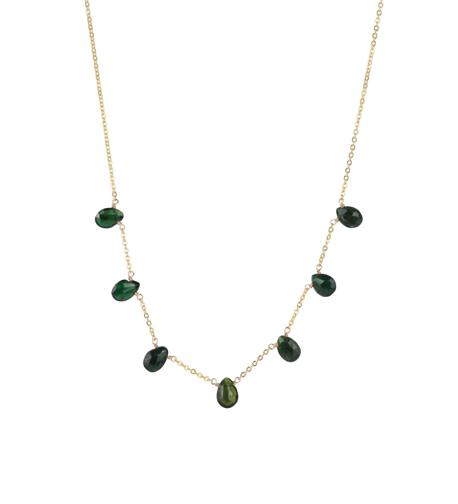 7 Stone Drop Necklace 14k Gold Filled, Green Tourmaline