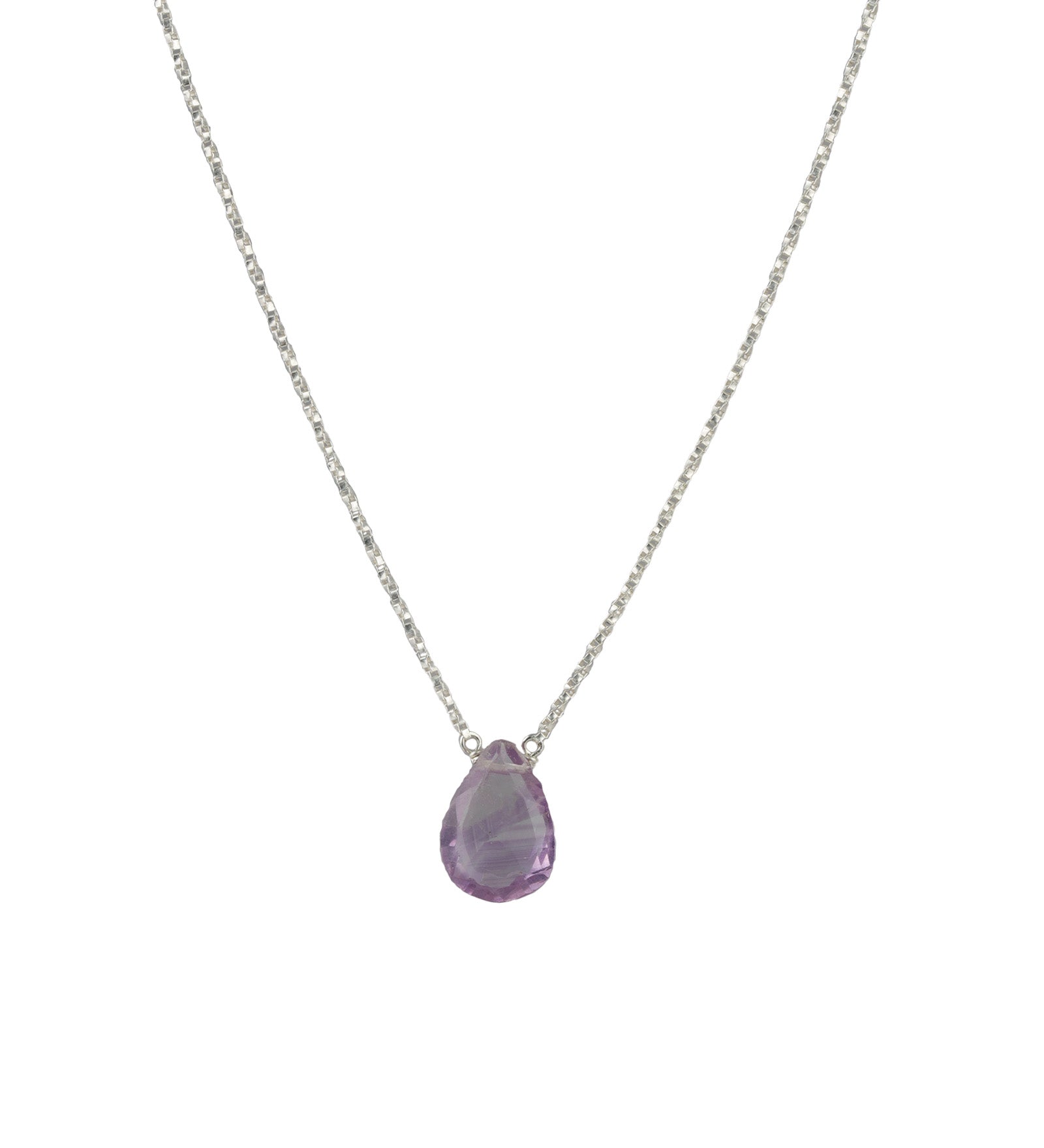 Pear Stone Box Chain Necklace Sterling Silver, Amethyst