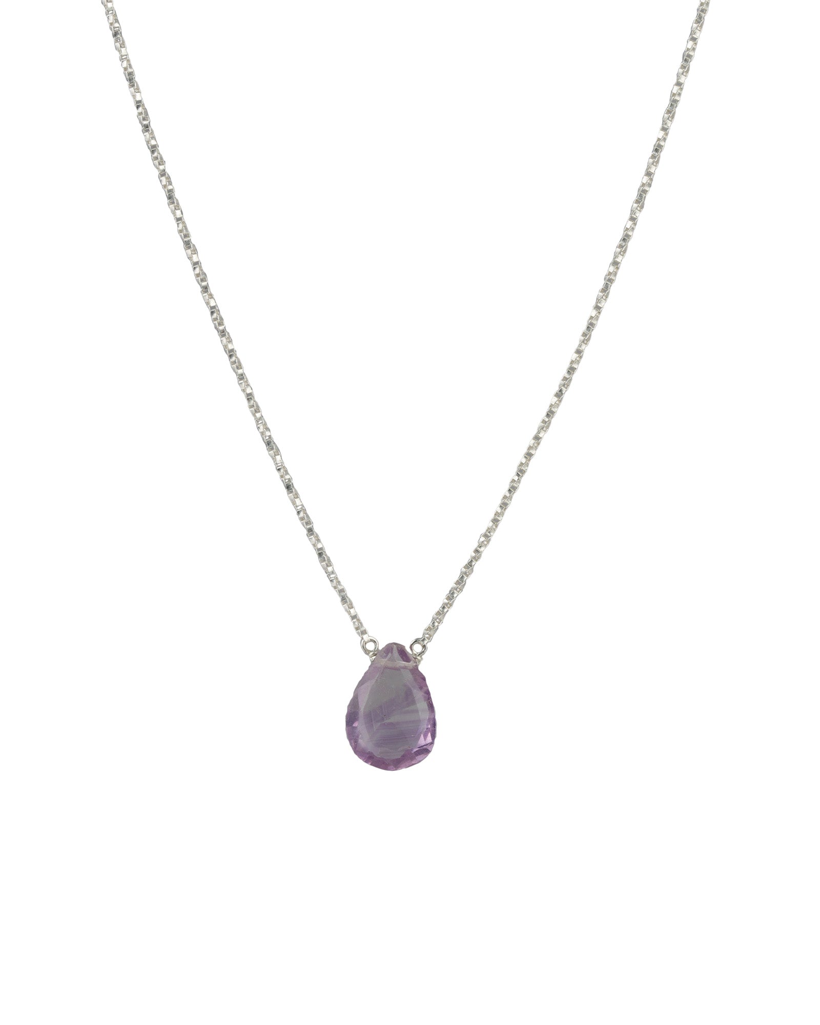 Pear Stone Box Chain Necklace Sterling Silver, Amethyst