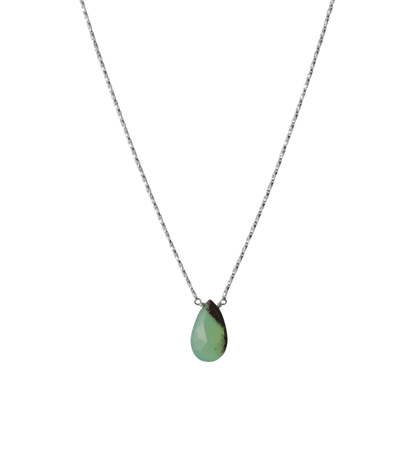 Pear Stone Box Chain Necklace Sterling Silver, Chrysophase