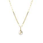 Diamond + Pearl Paperclip Necklace 14k Yellow Gold, Grey Pearl