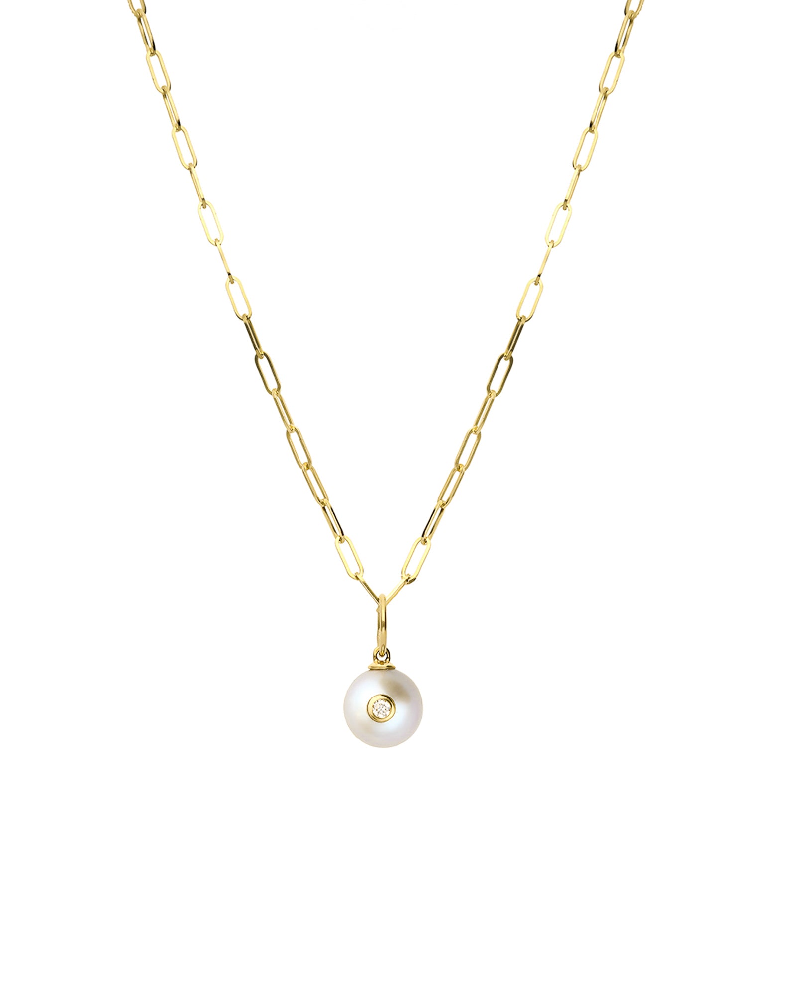 Diamond + Pearl Paperclip Necklace 14k Yellow Gold, Grey Pearl