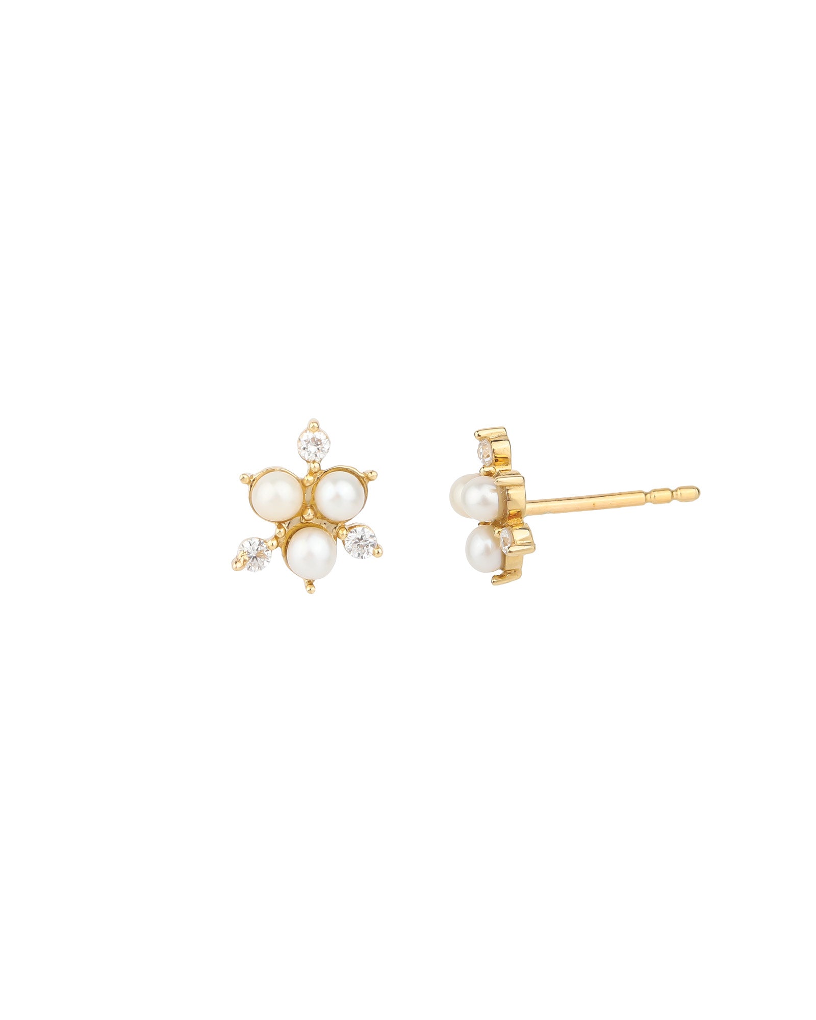 Pearl Diamond Cluster Studs 14k Yellow Gold, Diamond