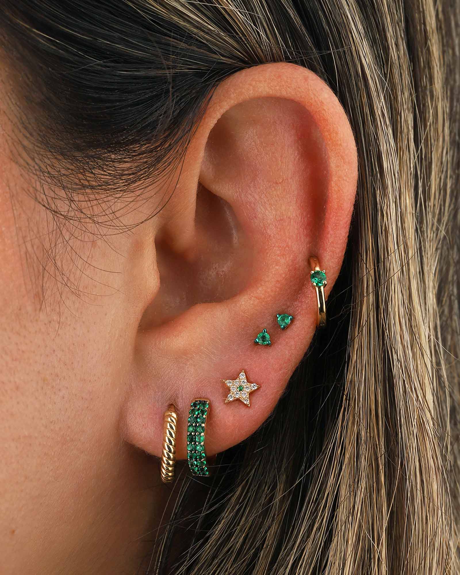 Goldhive-Pavé Emerald Star Studs-Earrings-14k Yellow Gold, Diamond-Blue Ruby Jewellery-Vancouver Canada