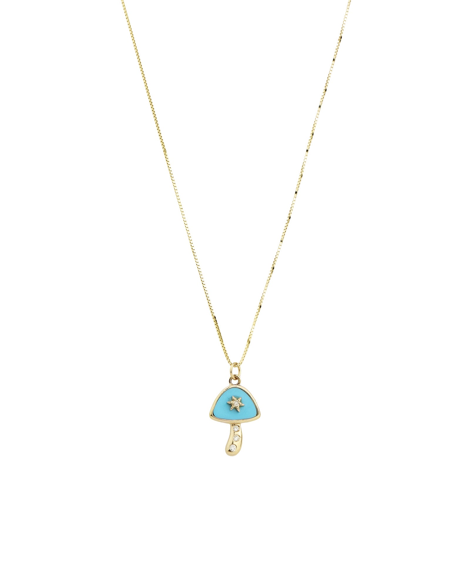 Goldhive-Turquoise + Diamond Mushroom Box Chain Necklace-Necklaces-14k Yellow Gold, Turquoise, Diamond-Blue Ruby Jewellery-Vancouver Canada