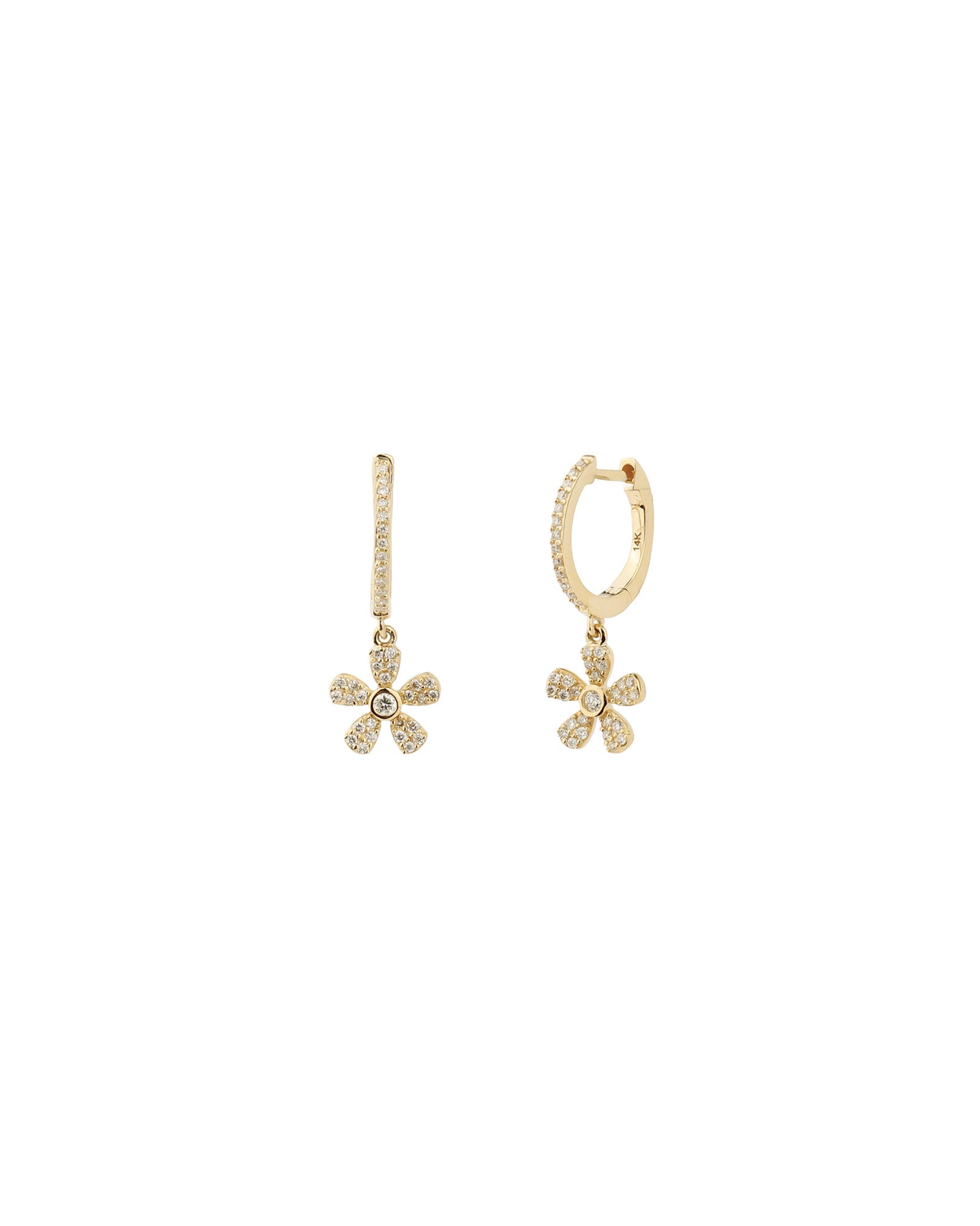 Goldhive-Flower Drop Pave Huggies-Earrings-14k Yellow Gold, Diamond-Blue Ruby Jewellery-Vancouver Canada