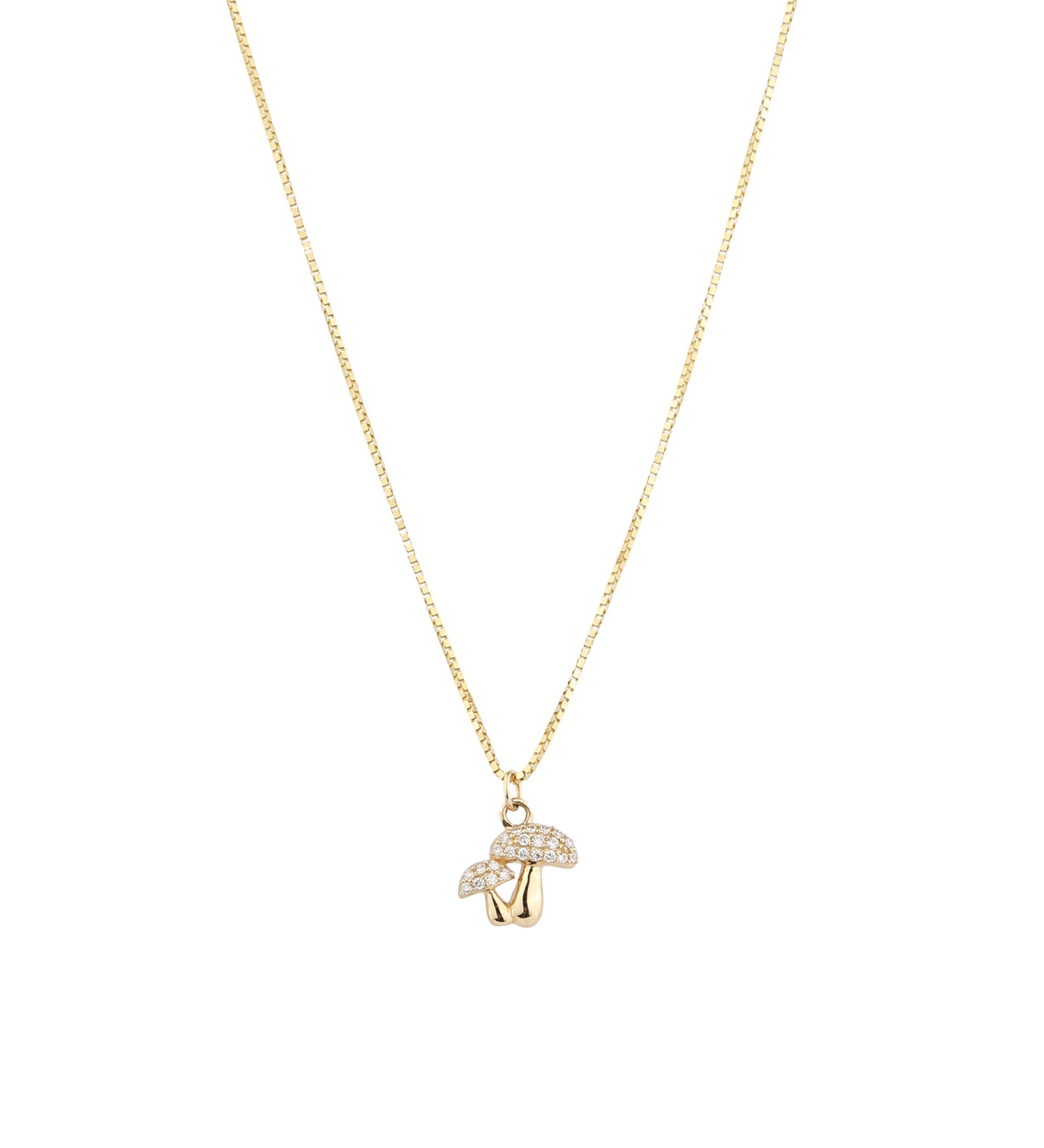 Pavé Two Mushroom Box Chain Necklace 14k Yellow Gold, Diamond