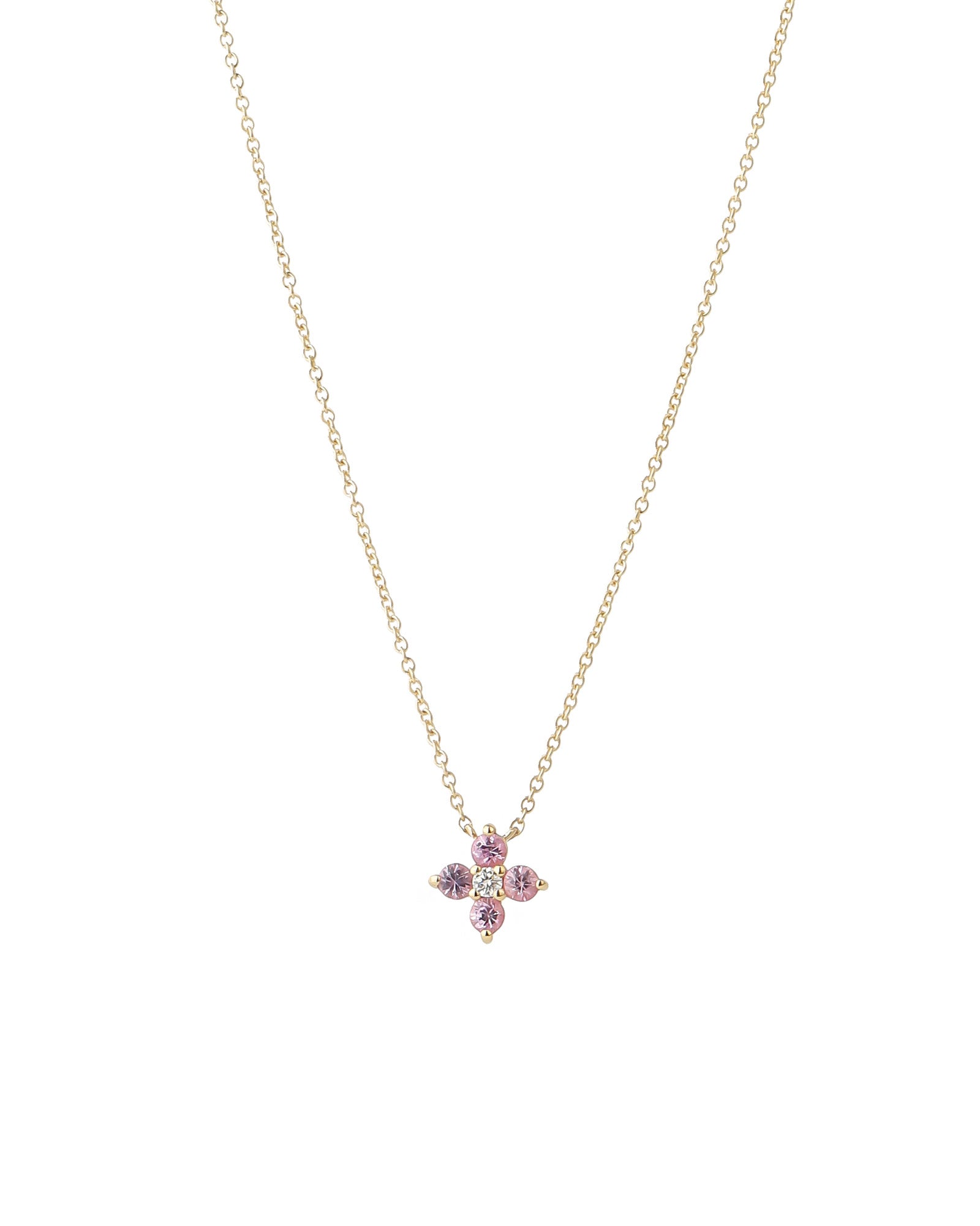 Four Petal Flower Stone Necklace 14k Yellow Gold, Diamond