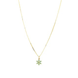 6 Petal Flower Stone Box Chain Necklace 14k Yellow Gold, Emerald