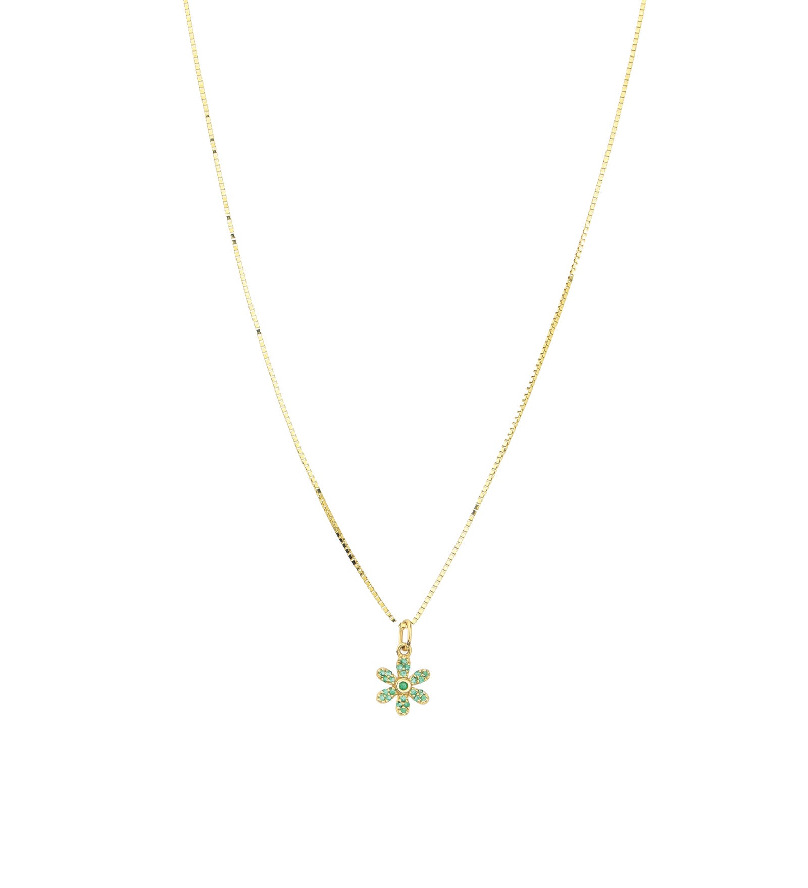 6 Petal Flower Stone Box Chain Necklace 14k Yellow Gold, Emerald