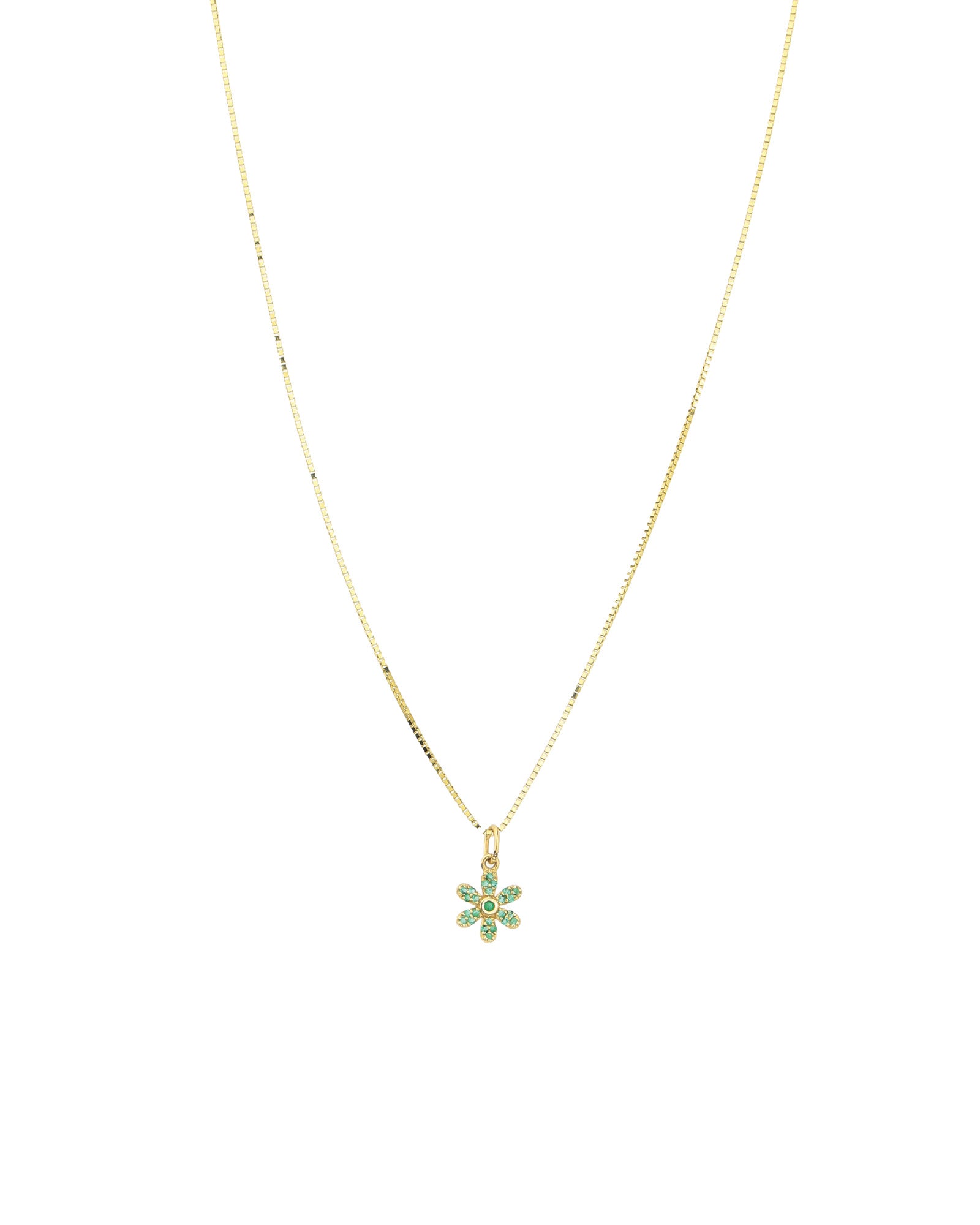 6 Petal Flower Stone Box Chain Necklace 14k Yellow Gold, Emerald