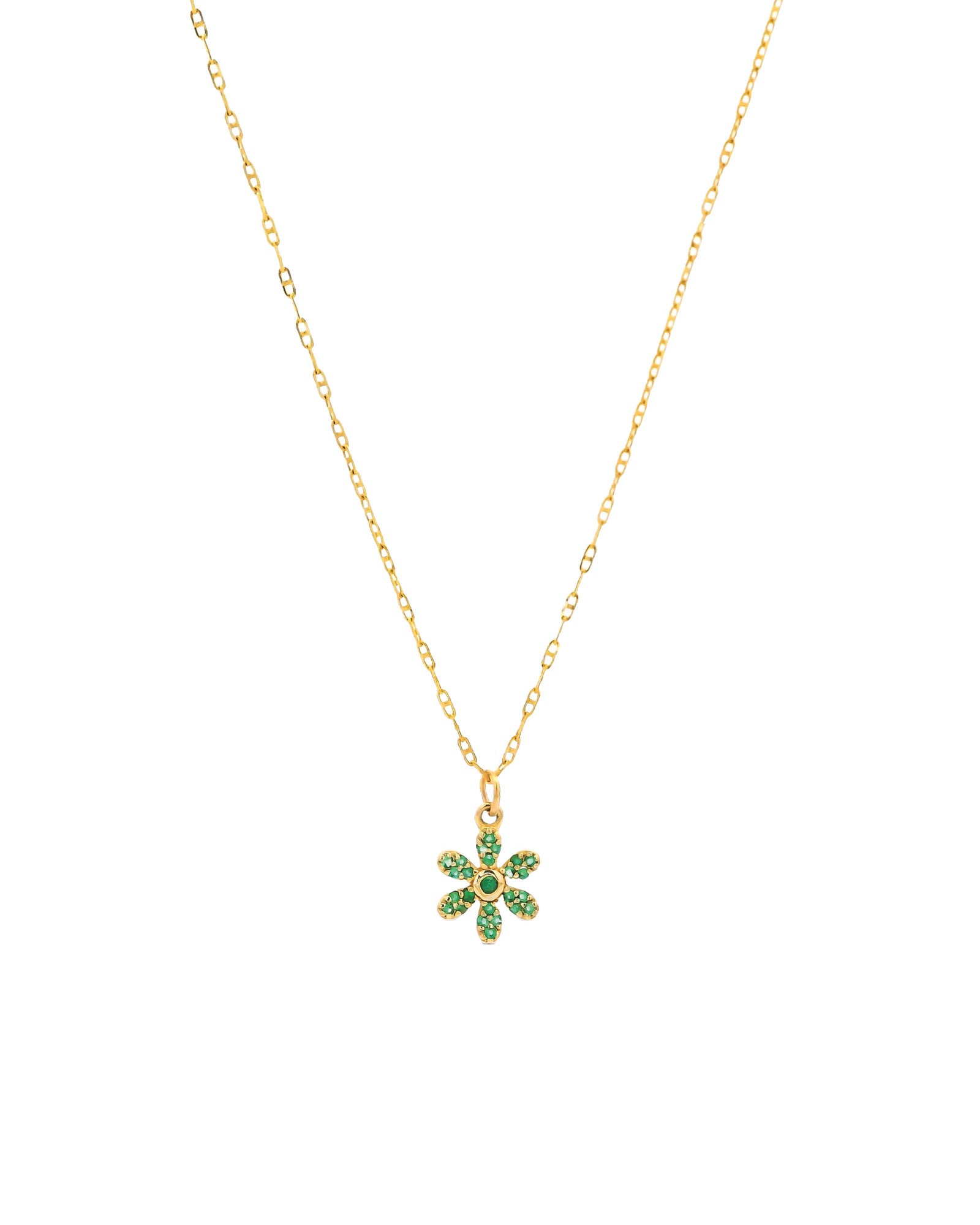 6 Petal Emerald Flower Anchor Chain Necklace 14k Yellow Gold, Emerald