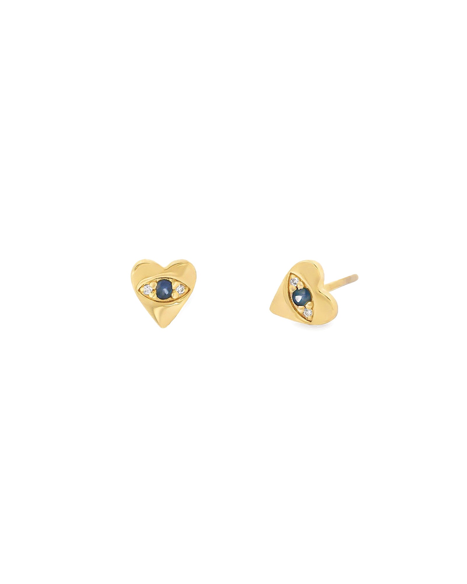 Heart Evil Eye Studs 14k Yellow Gold, Sapphire