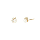 Pearl Half Halo Diamond Studs 14k Yellow Gold, Diamond