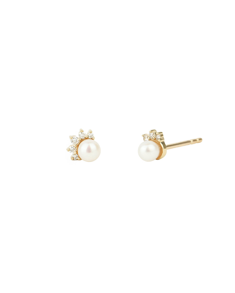 Pearl Half Halo Diamond Studs 14k Yellow Gold, Diamond