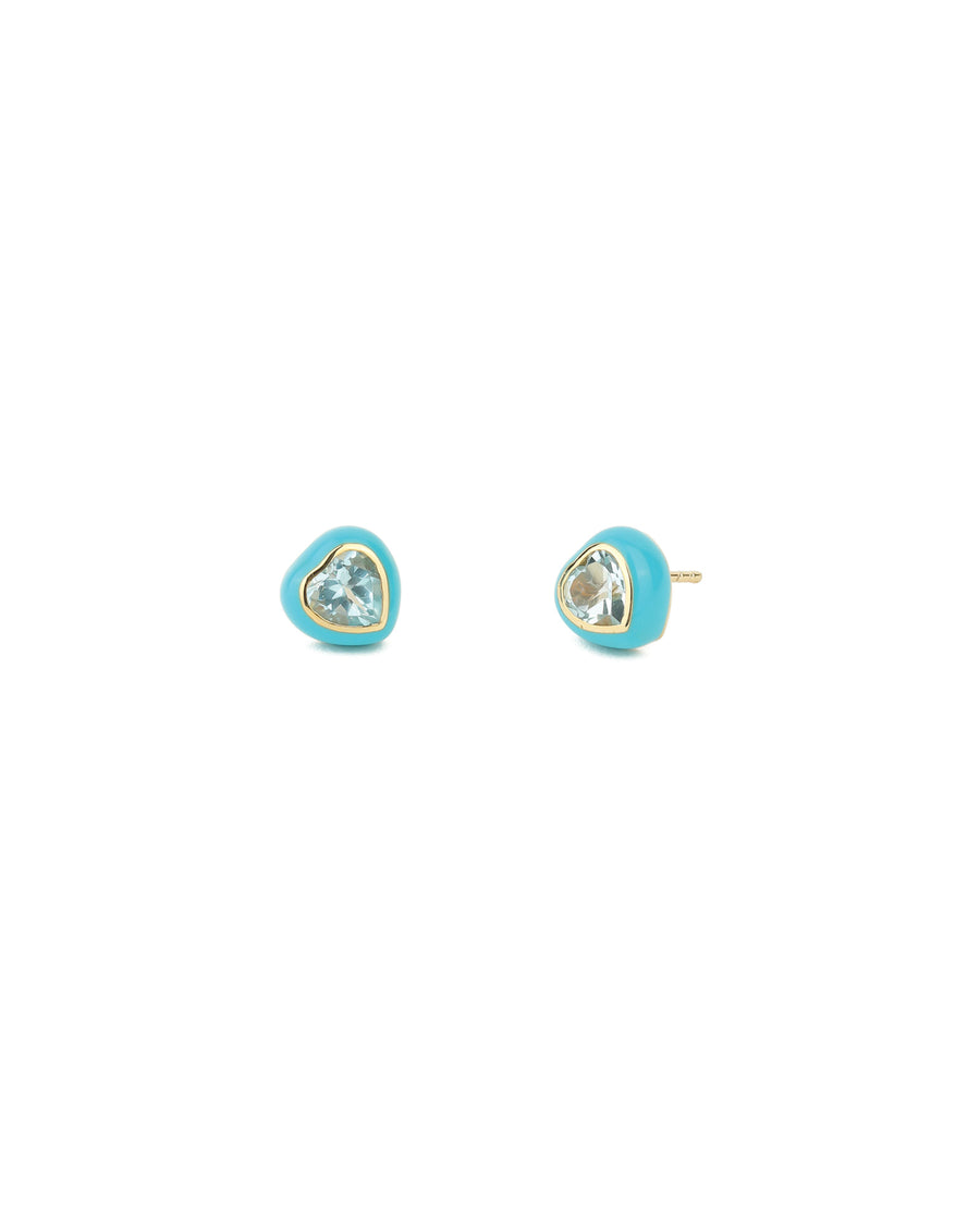 Heart Enamel Stone Studs 14k Yellow Gold, Turquoise Enamel